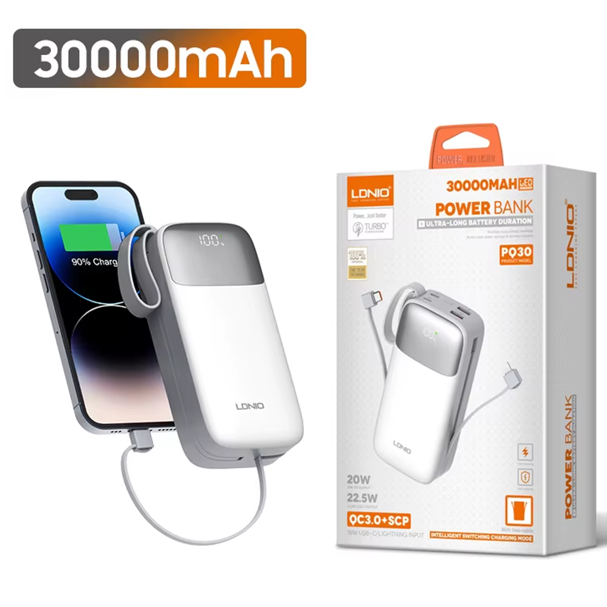 POWER BANK LDNIO PQ30 CARGA RÁPIDA 30000 MAH BLANCO - 1