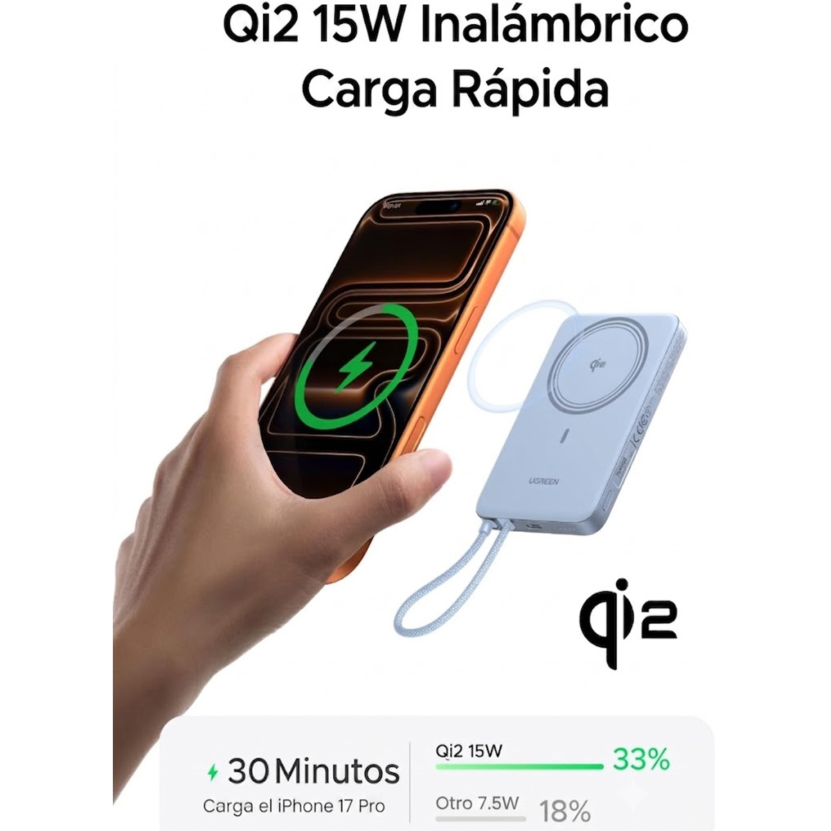 POWER BANK MAGNÉTICO UGREEN 10000MAH 30W QI2 MAGFLOW AIR AZUL PB570 - 65839B - 4
