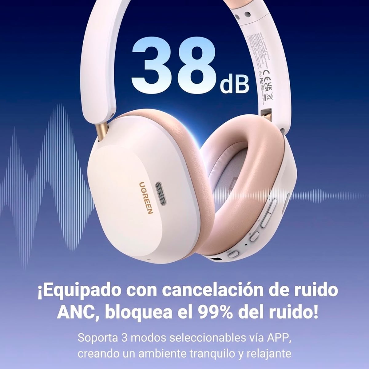 AUDIFONOS UGREEN HP203 HITUNE MAX 5C BLUETOOTH CANCELACION DE RUIDO - BLANCO - 2
