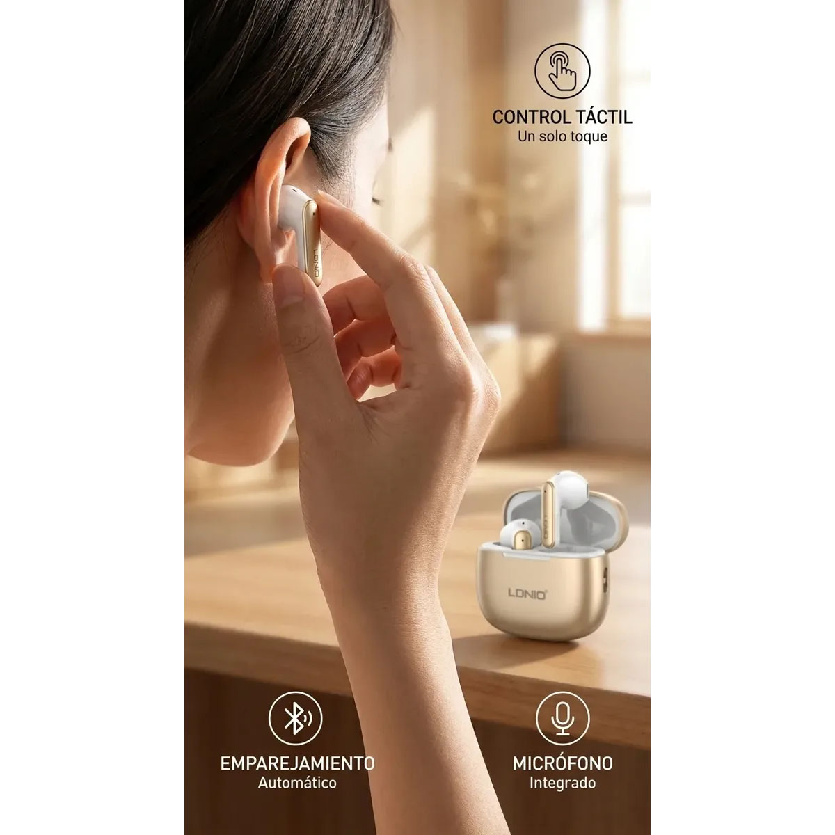 AUDÍFONOS BLUETOOTH LDNIO T10 CON CANCELACIÓN DE RUIDO ENC - DORADO - 5