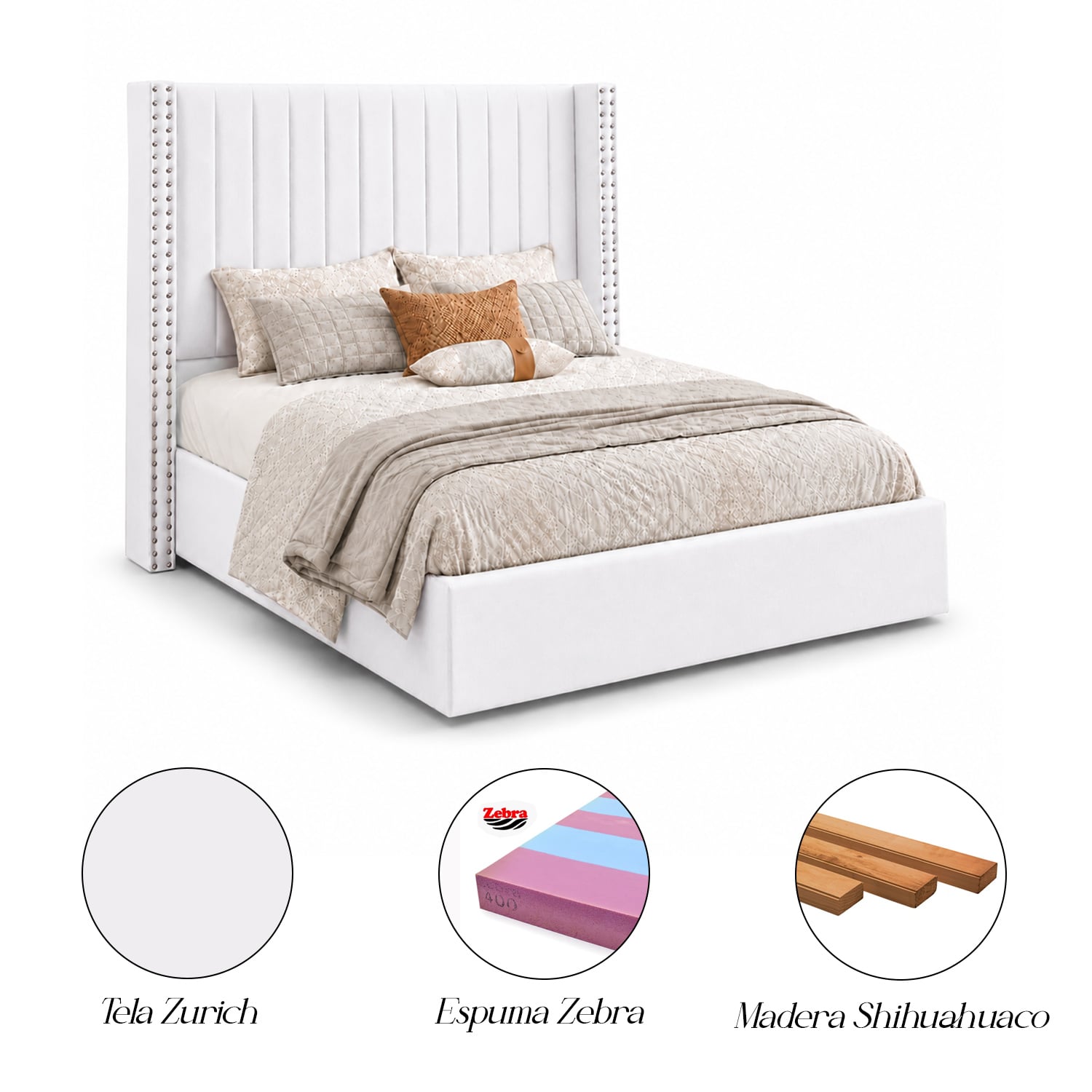 CAMA TAPIZADA LISTÓN CON TACHUELAS LEMUEBLE 2 PLAZAS CRUDO CLARO - 5