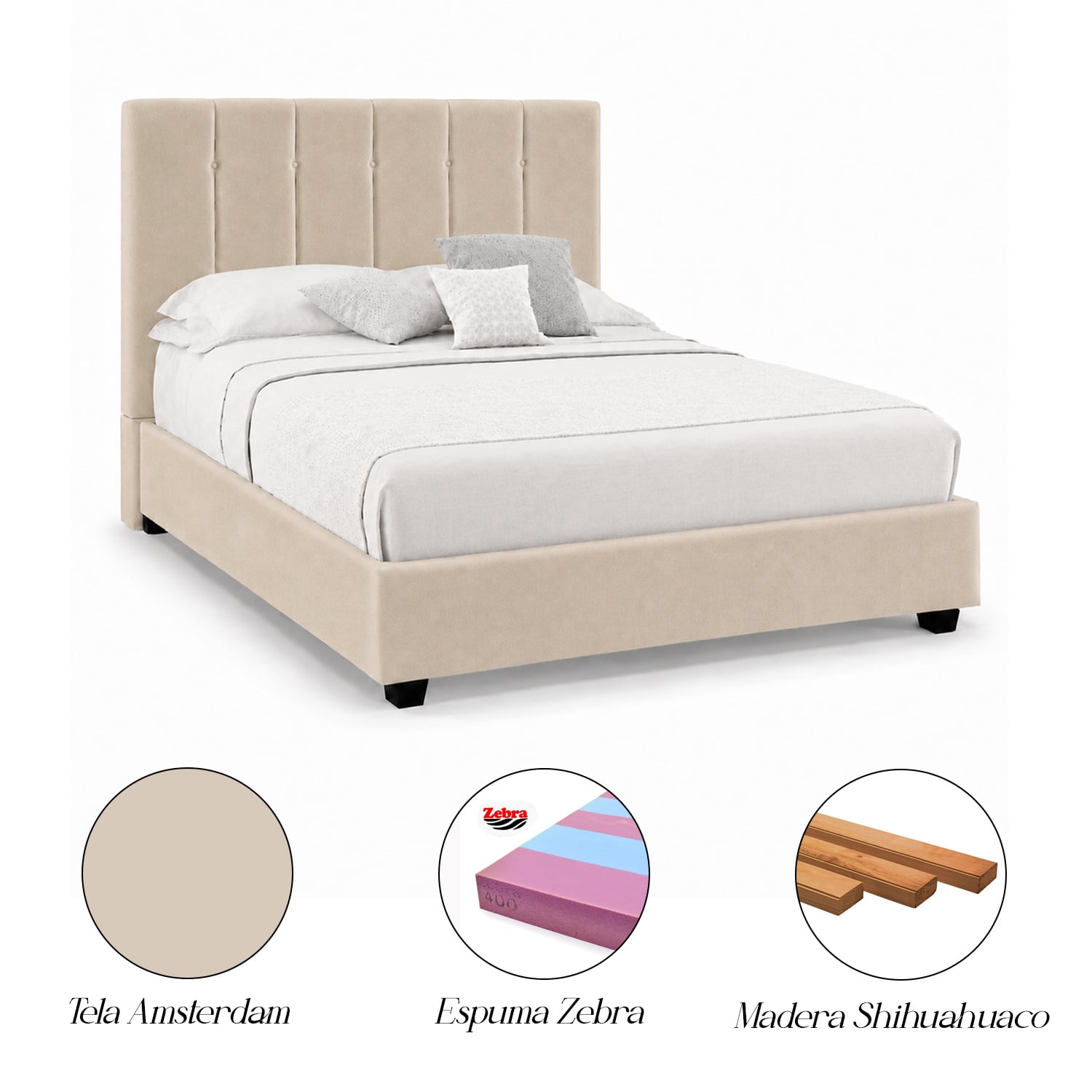 CAMA TAPIZADA LISTÓN CAPRI 2 PLAZAS BEIGE - 5