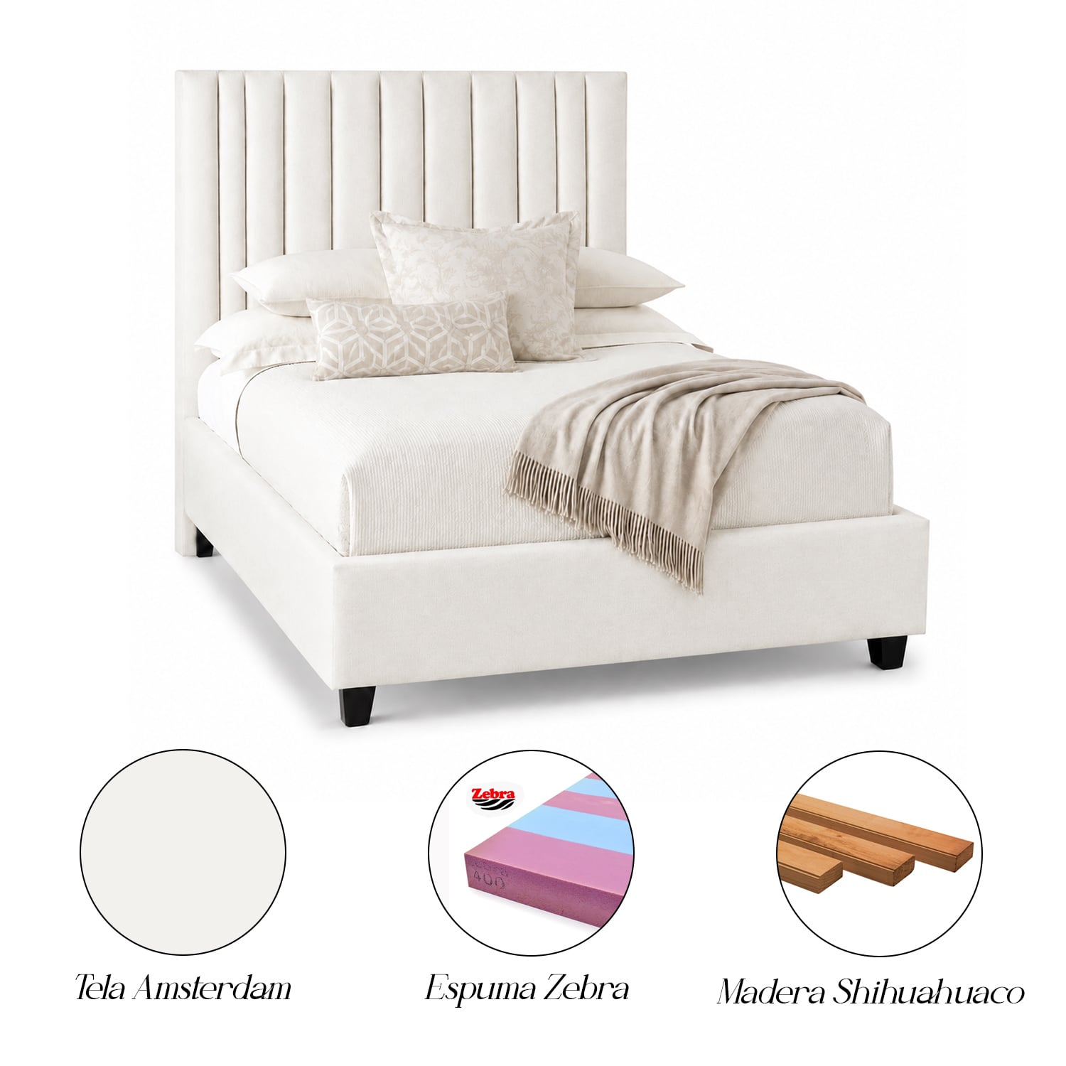 CAMA LEMUEBLE LISTÓN ABBA 1.5 PLAZAS TAPIZADA BEIGE - 5