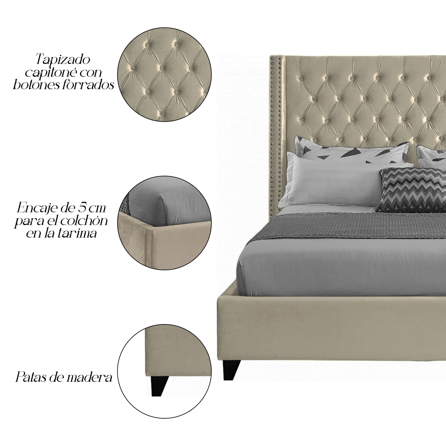 CAMA LEMUEBLE CAPITONÉ QUEEN TAPIZADA BEIGE - 6