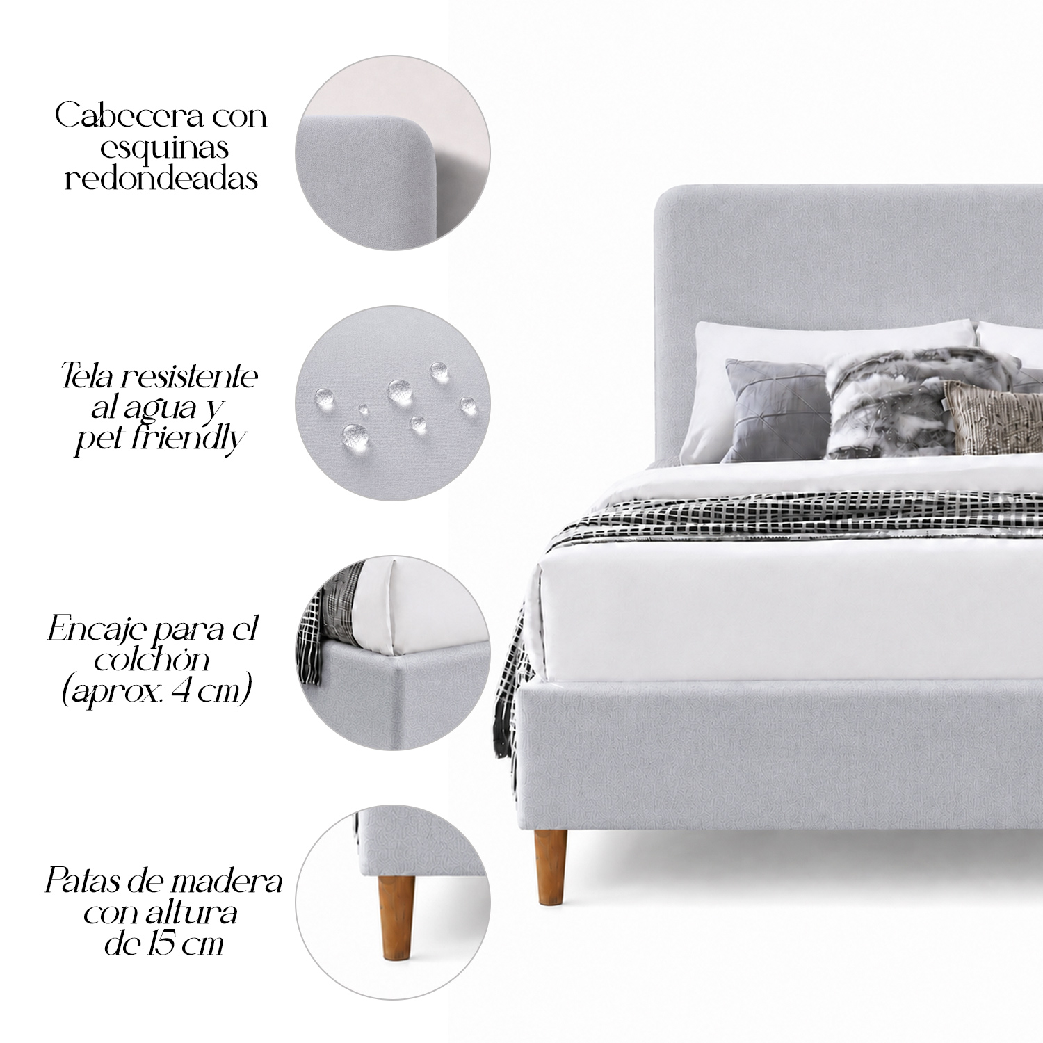 CAMA TAPIZADA LISA CURVO GRIS CLARO 1.5 PLZ - 5