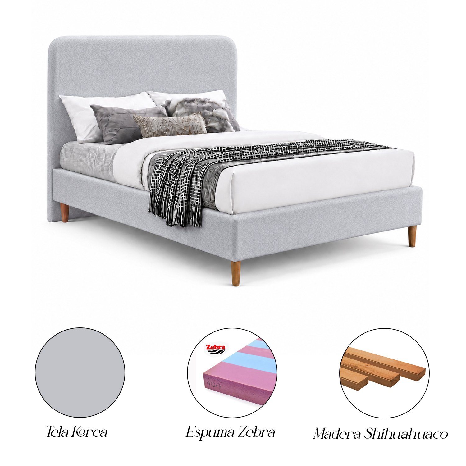 CAMA TAPIZADA LISA CURVO GRIS CLARO 1.5 PLZ - 6