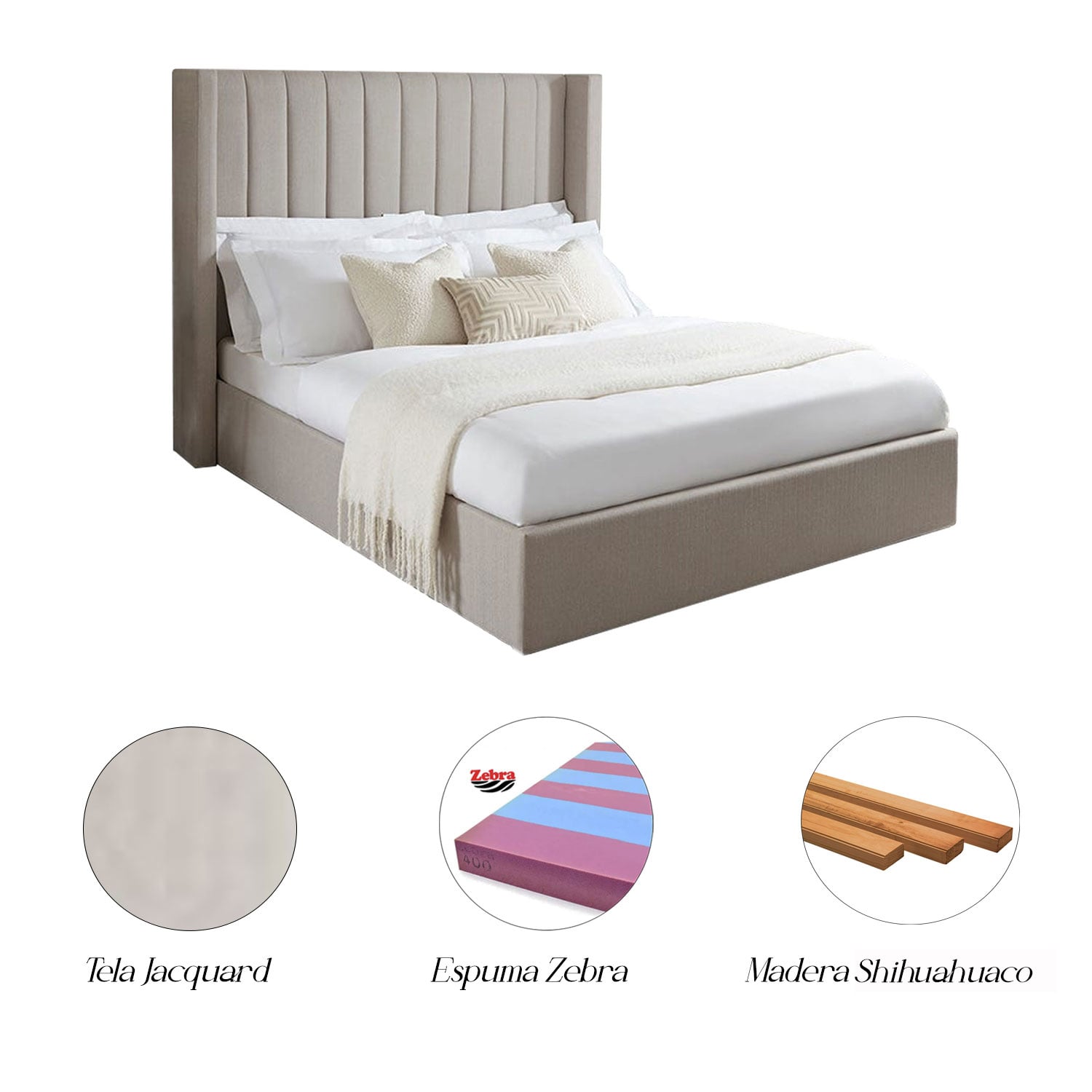 CAMA TAPIZADA LISTÓN BEIGE 1.5 PLZ + 2 ALMOHADAS - 4