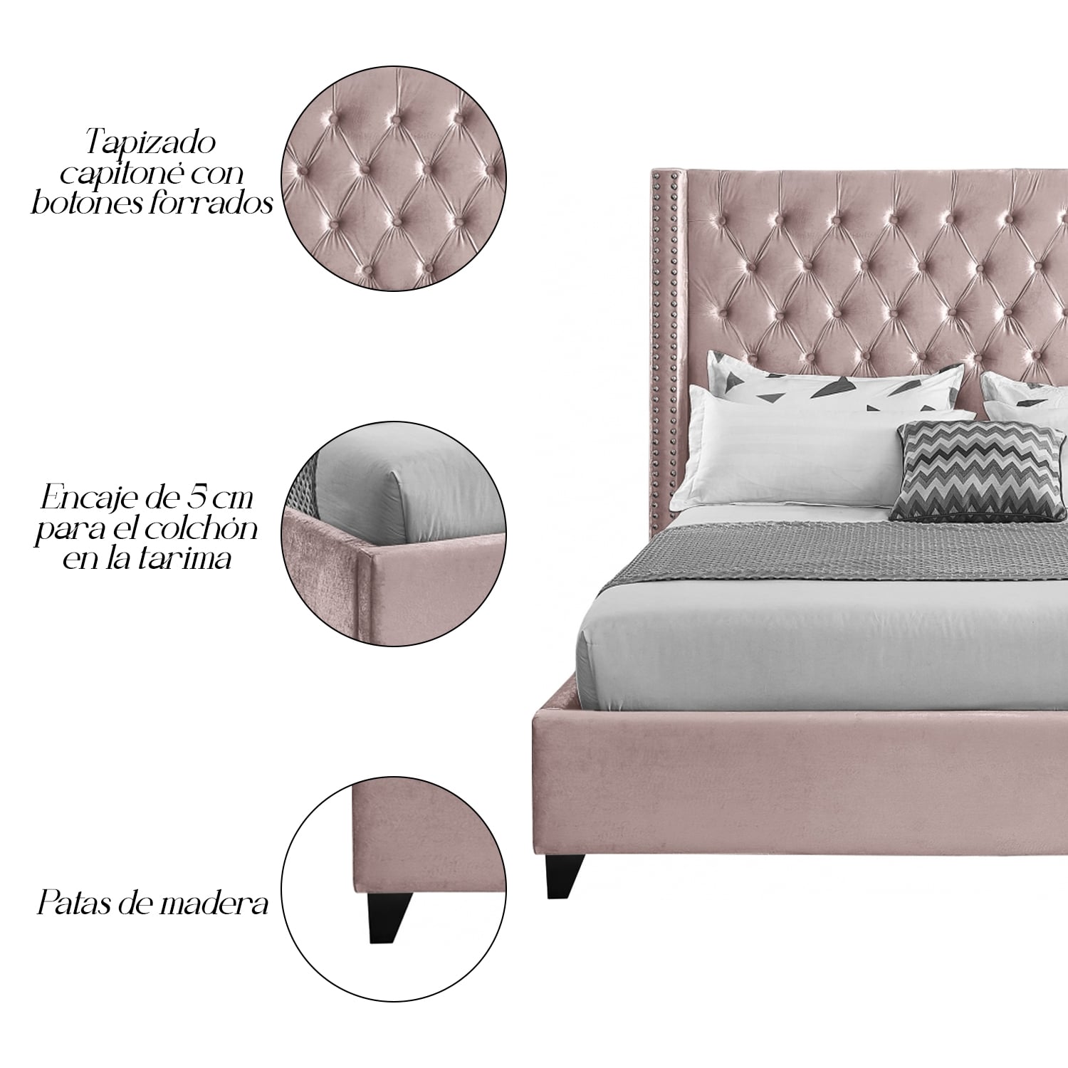 CAMA TAPIZADA CAPITONÉ PALO ROSA QUEEN + 2 ALMOHADAS - 6