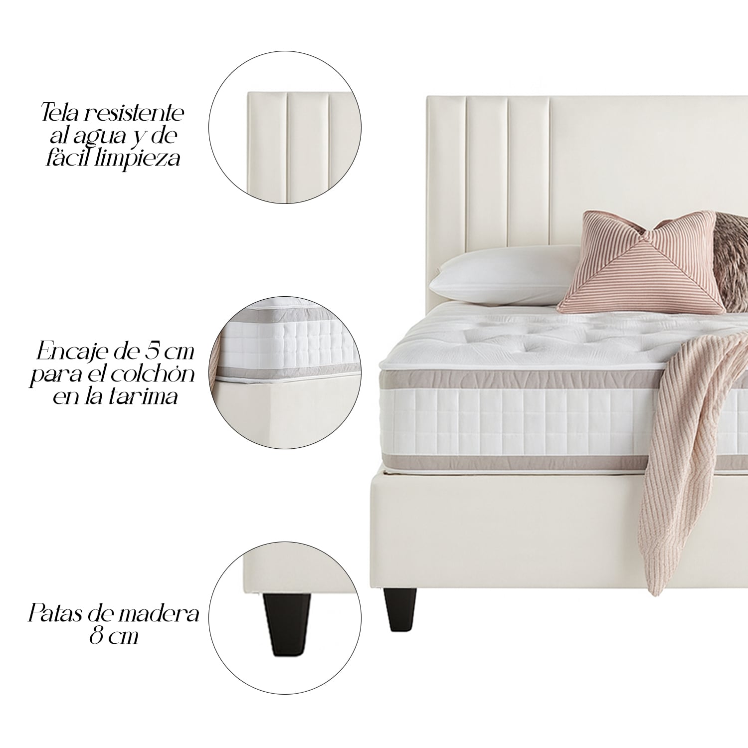 CAMA LEMUEBLE LISTÓN TAPIZADA ALBA IVORY 1.5 PLZ - 3