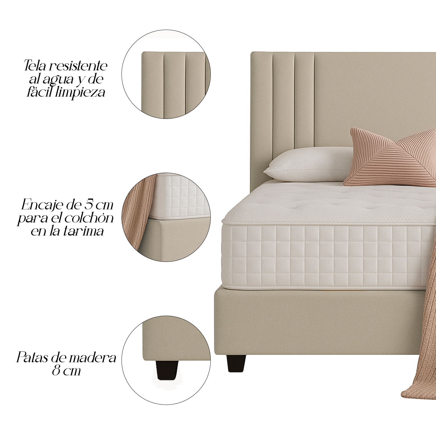 CAMA LEMUEBLE LISTÓN TAPIZADA ALBA BEIGE 1.5 PLZ - 3