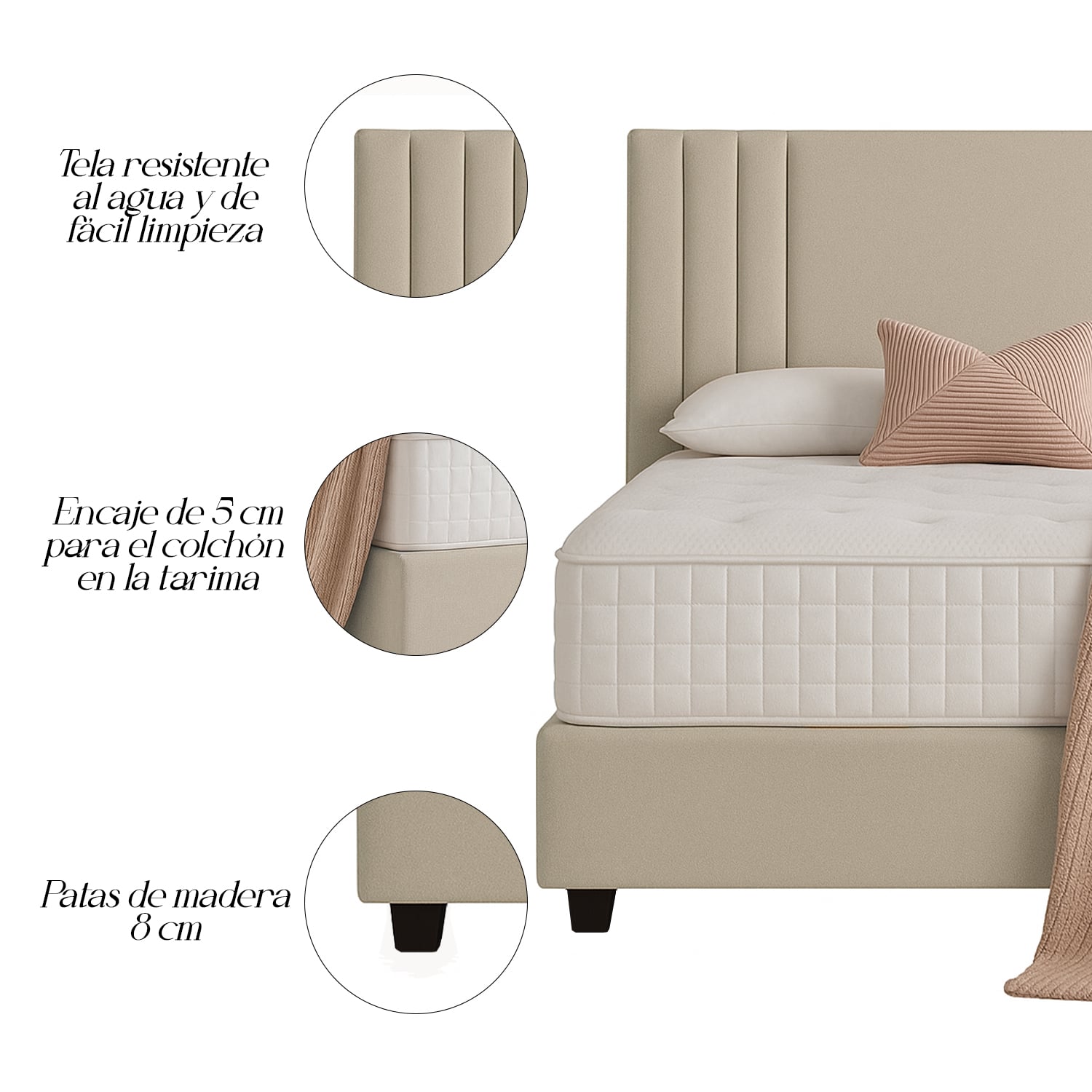 CAMA LEMUEBLE LISTÓN TAPIZADA ALBA BEIGE QUEEN - 3
