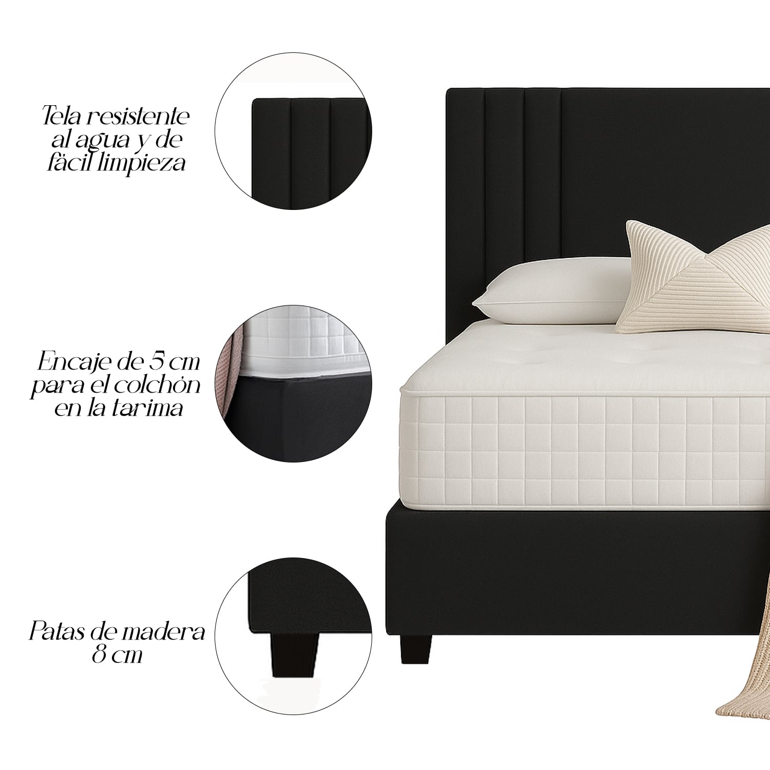 CAMA LEMUEBLE LISTÓN TAPIZADA ALBA NEGRO 2 PLAZAS - 3