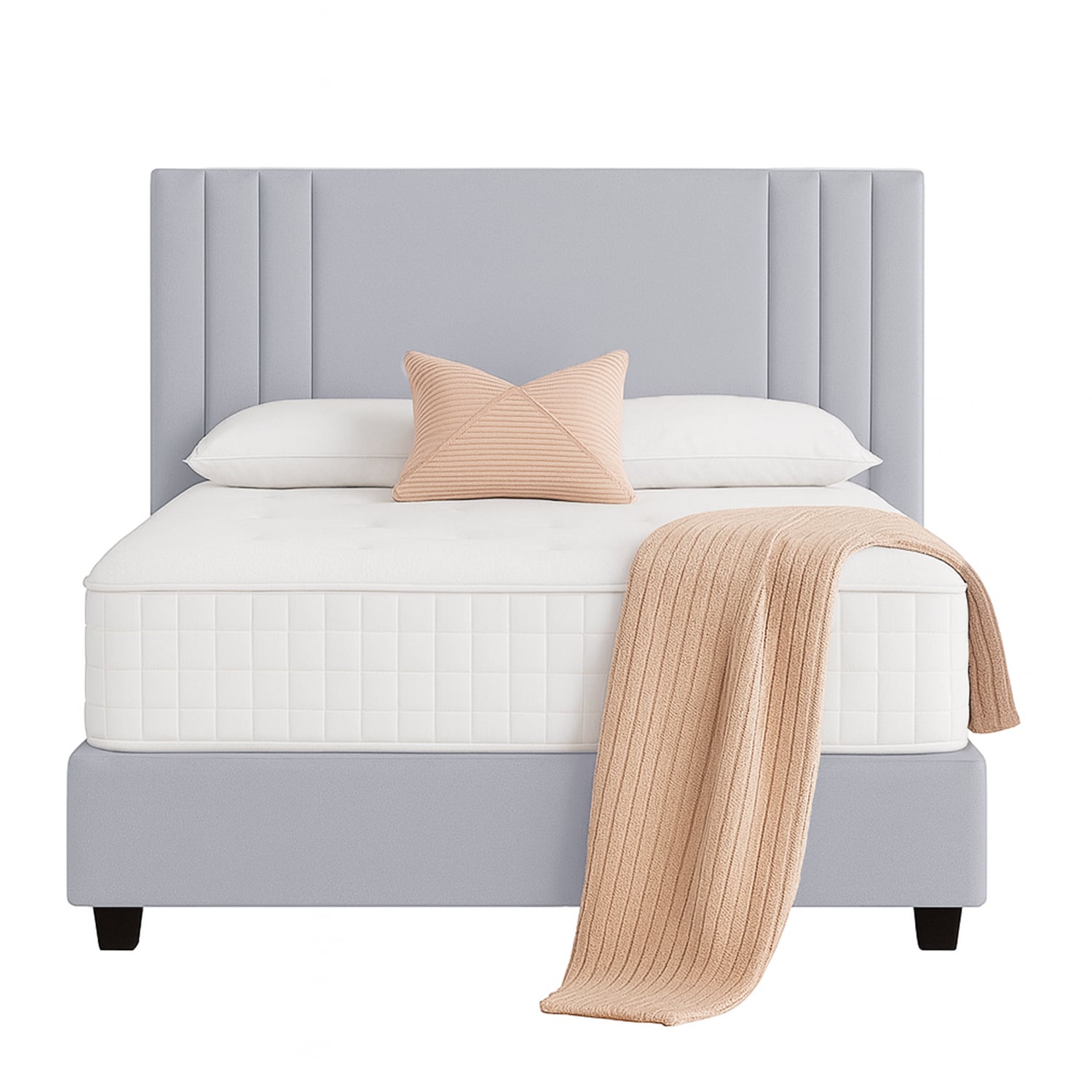 CAMA LEMUEBLE LISTÓN TAPIZADA ALBA GRIS CLARO QUEEN - 1