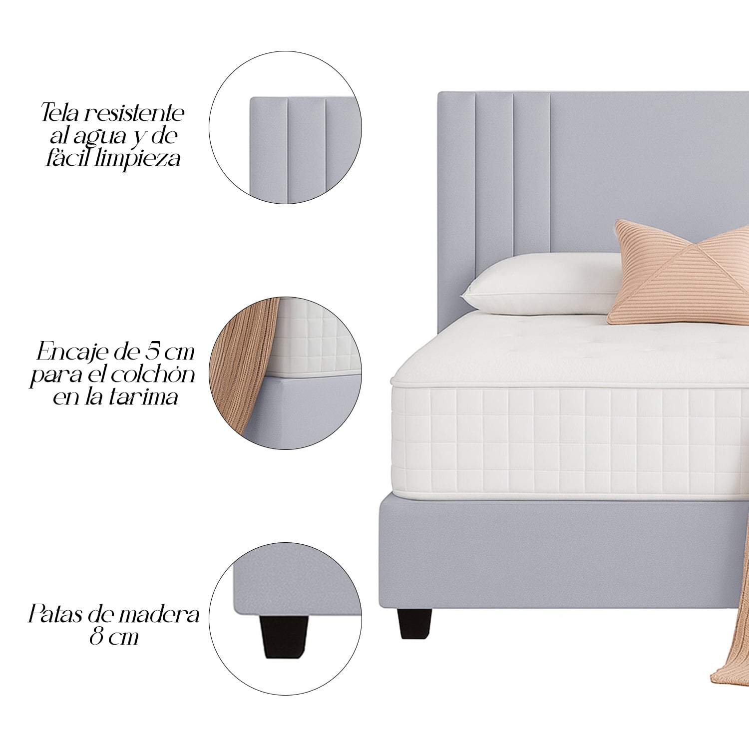 CAMA LEMUEBLE LISTÓN TAPIZADA ALBA GRIS CLARO QUEEN - 3