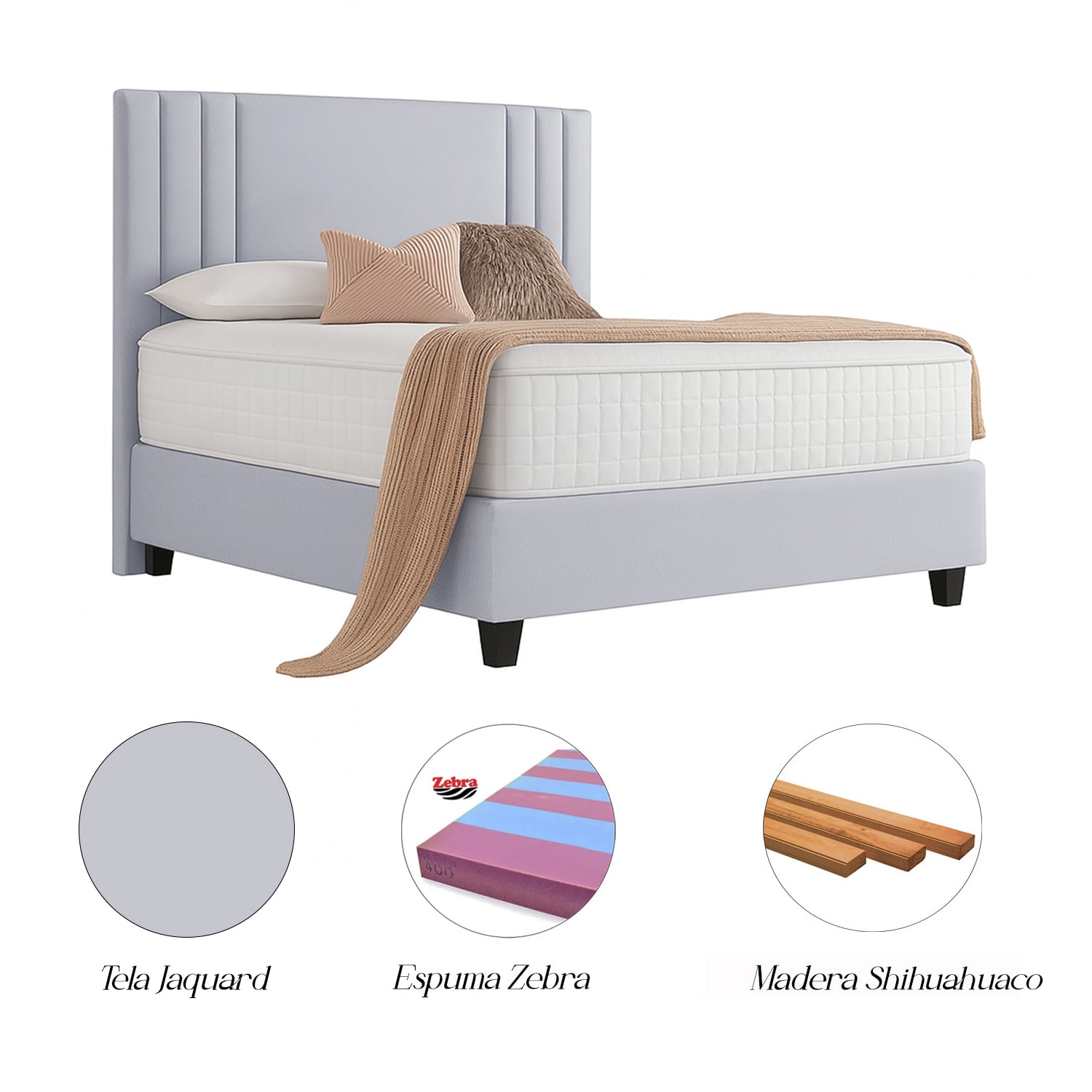 CAMA LEMUEBLE LISTÓN TAPIZADA ALBA GRIS CLARO QUEEN - 4