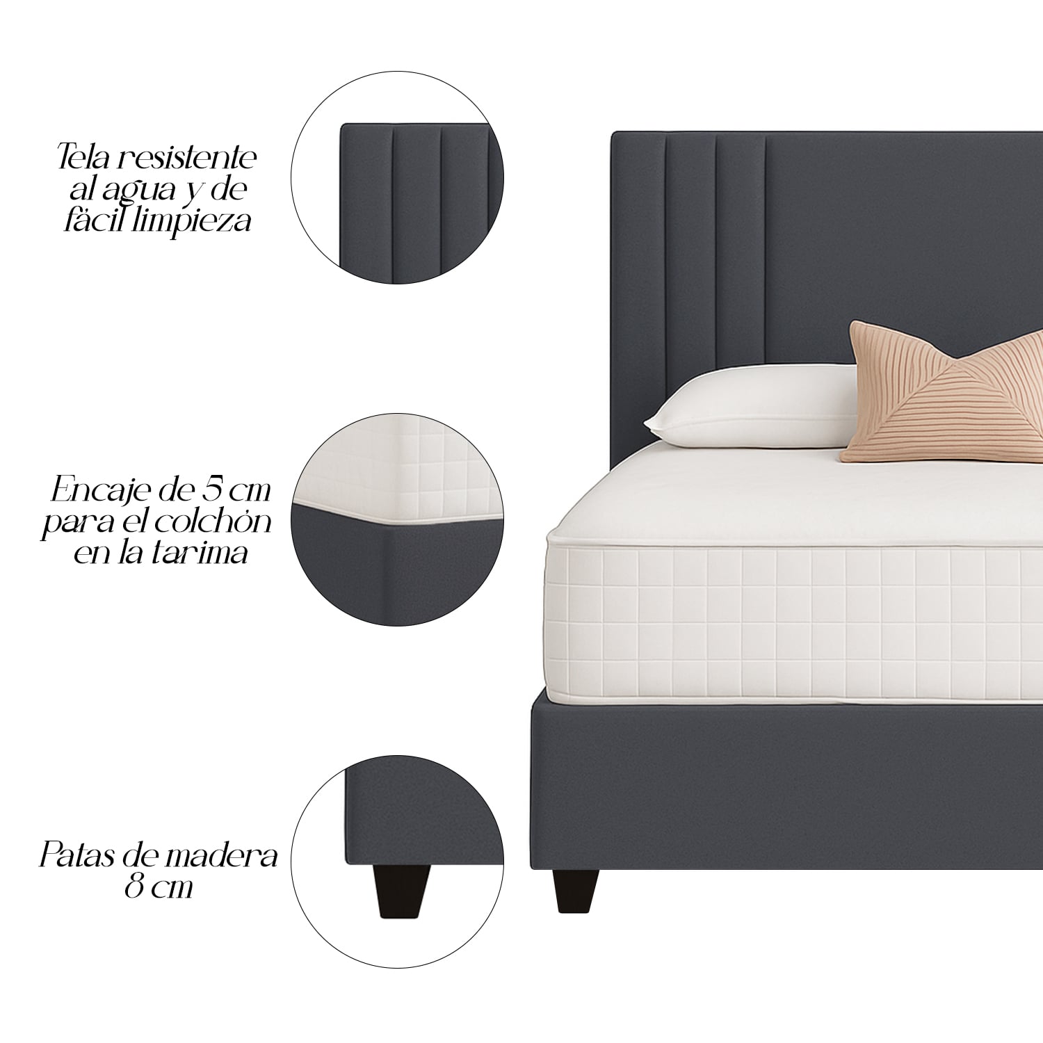 CAMA LEMUEBLE LISTÓN TAPIZADA ALBA GRIS OSCURO 1.5 PLZ - 3