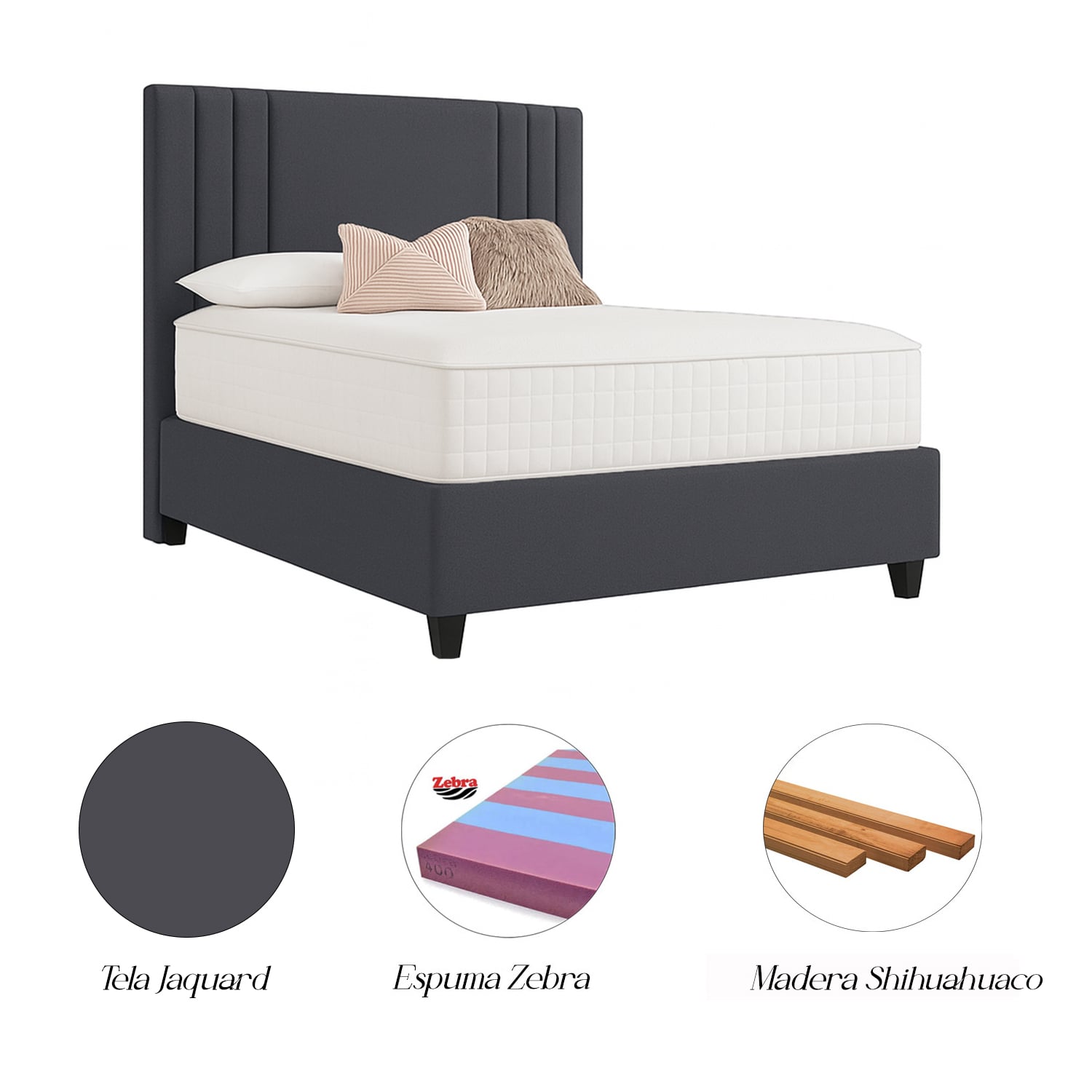 CAMA LEMUEBLE LISTÓN TAPIZADA ALBA GRIS OSCURO QUEEN - 4