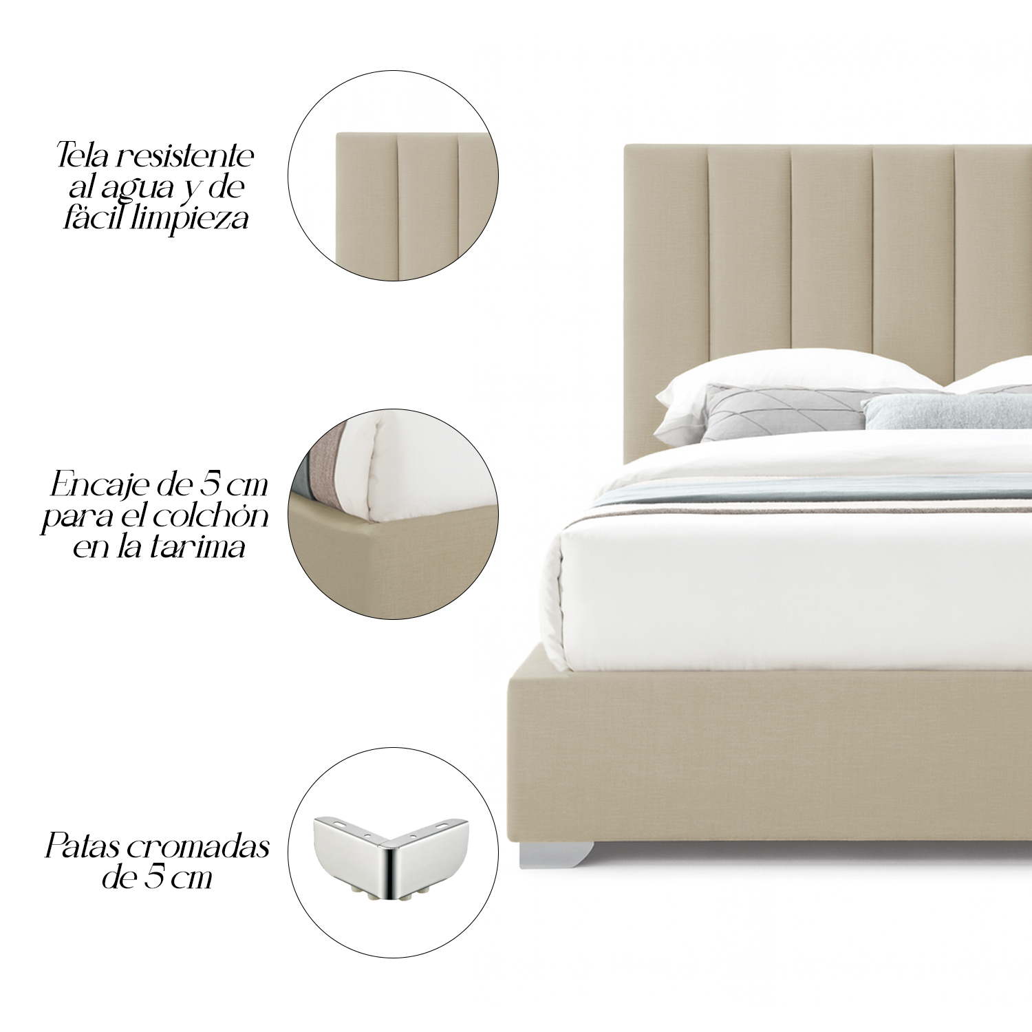 CAMA LEMUEBLE LISTÓN TAPIZADA CLAVEL BEIGE 2 PLAZAS - 5