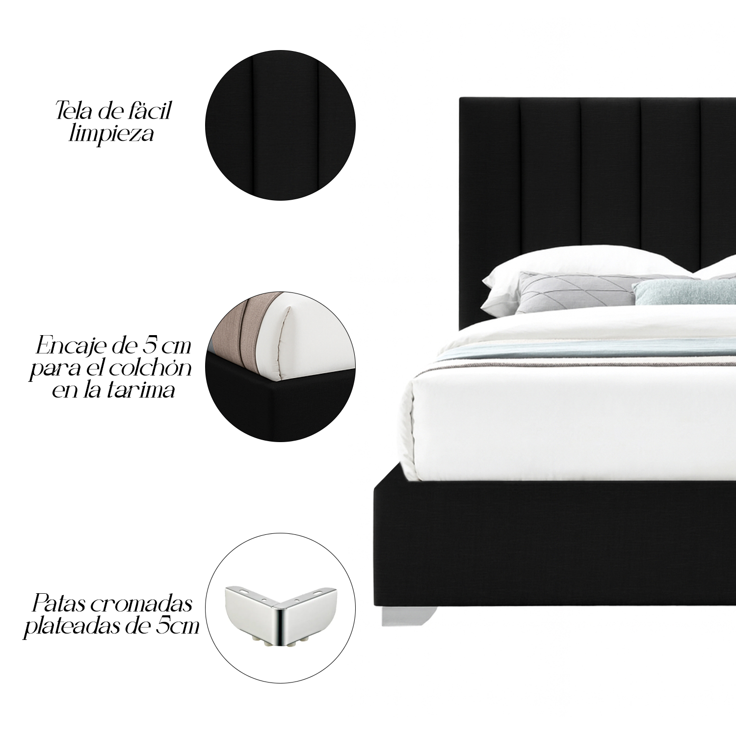 CAMA LEMUEBLE LISTÓN TAPIZADA CLAVEL NEGRO 1.5 PLZ - 5