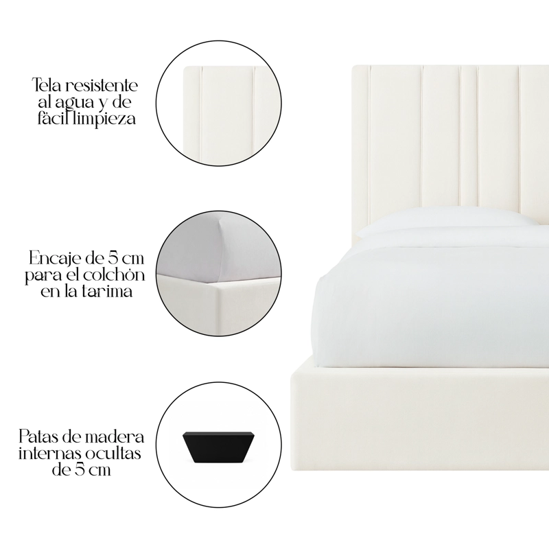 CAMA LEMUEBLE TAPIZADA LÍNEAS  IVORY 1.5 PLZ - 4