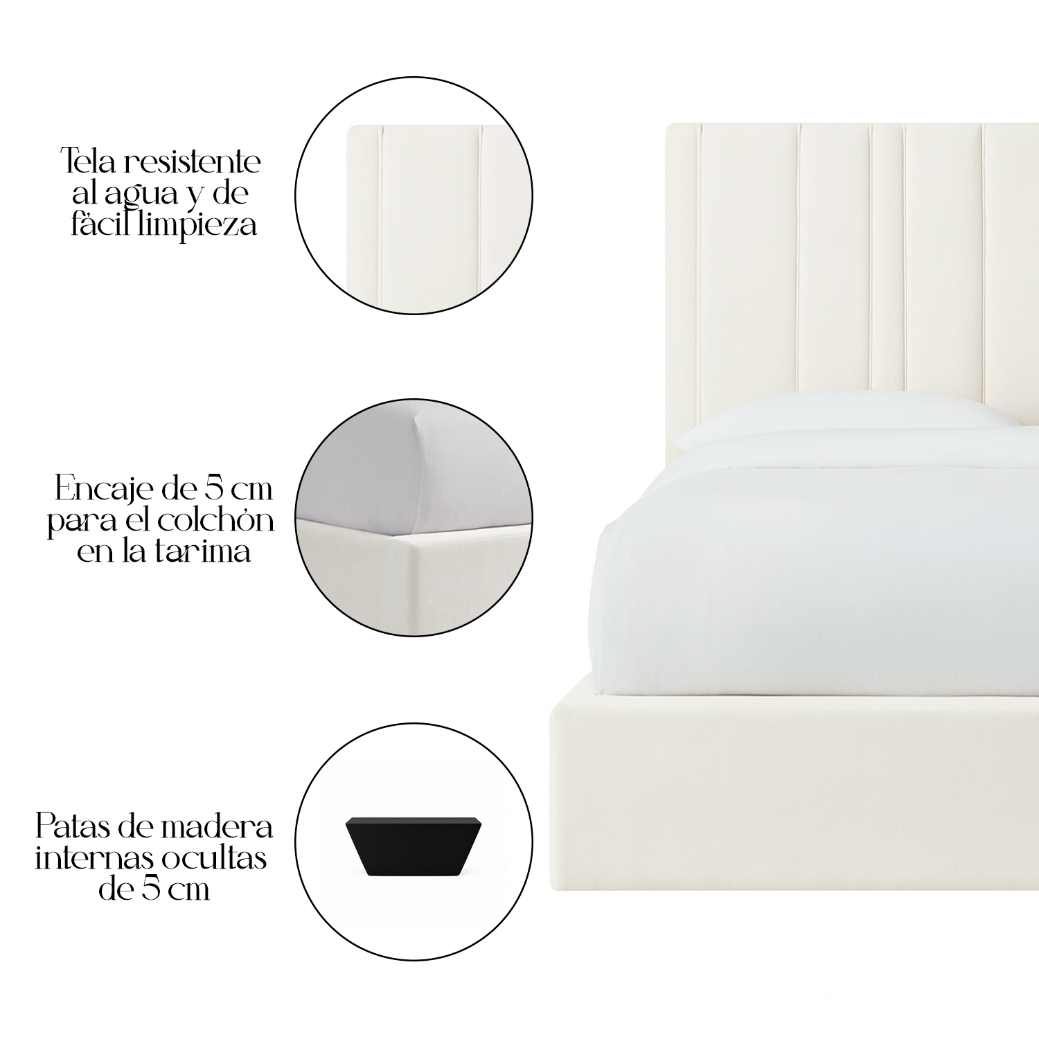 CAMA LEMUEBLE TAPIZADA LÍNEAS IVORY 1.5 PLZ - 4