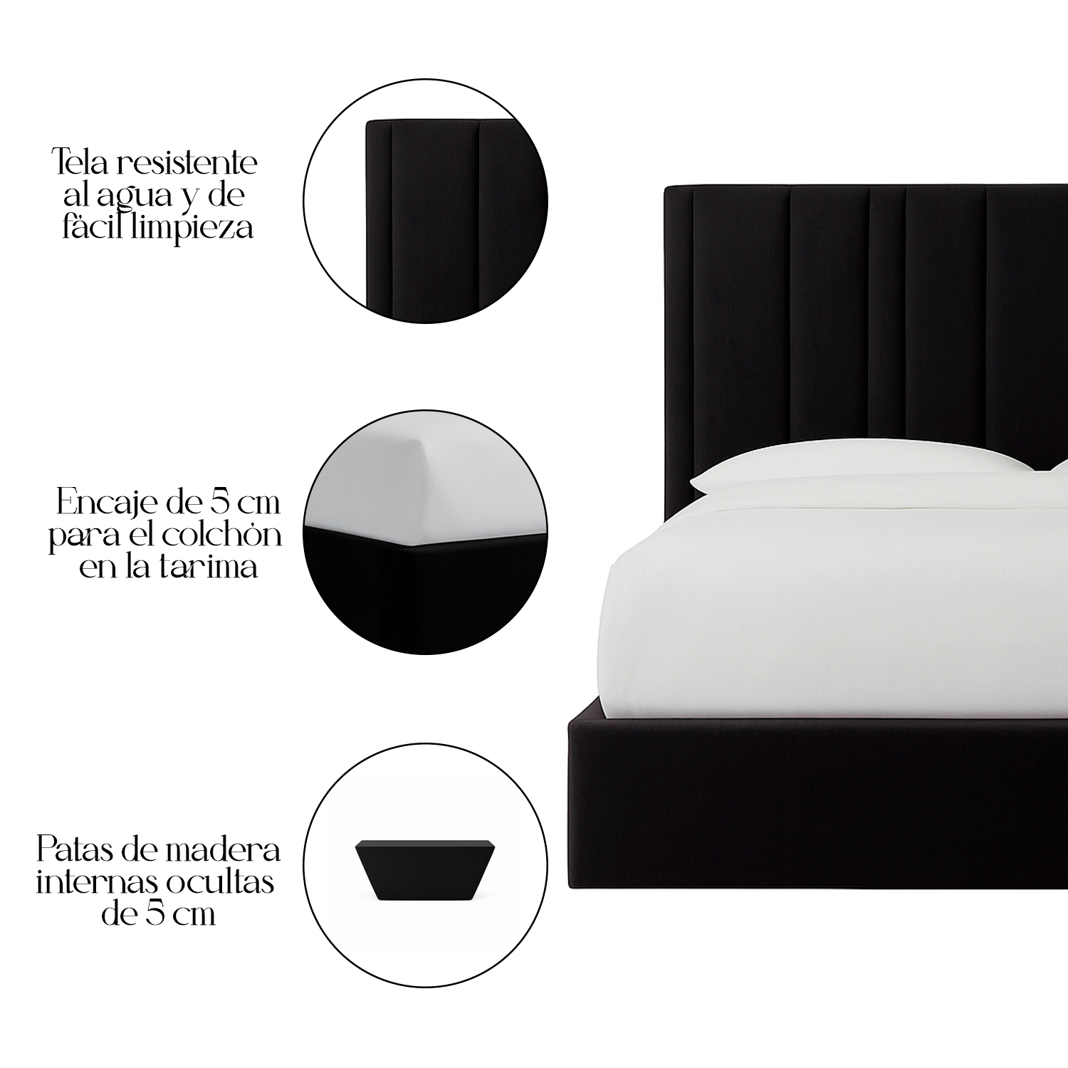 CAMA LEMUEBLE TAPIZADA LÍNEAS NEGRO QUEEN - 5