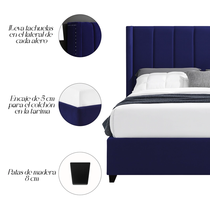 CAMA LEMUEBLE TAPIZADA LISTÓN NIA AZUL 1.5 PLZ - 4
