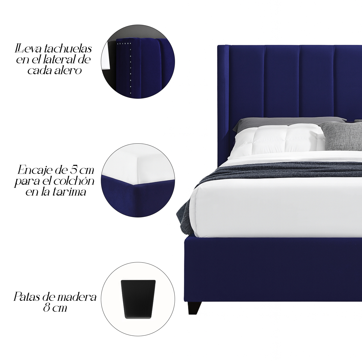 CAMA LEMUEBLE TAPIZADA LISTÓN NIA AZUL 2 PLAZAS - 4