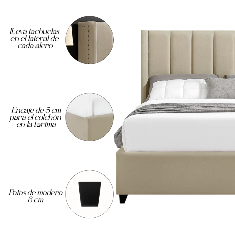 CAMA LEMUEBLE TAPIZADA LISTÓN NIA BEIGE 1.5 PLZ - 4