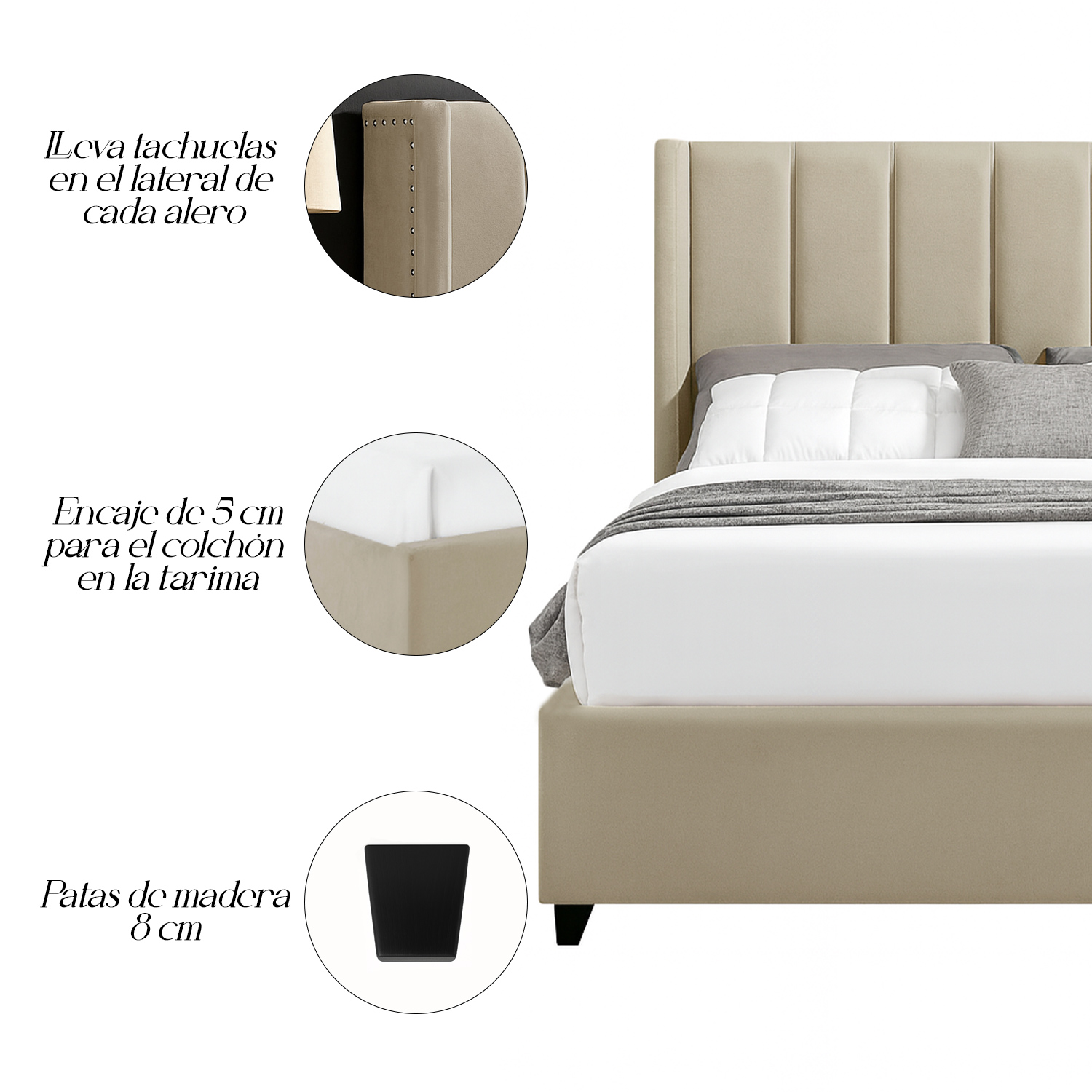 CAMA LEMUEBLE TAPIZADA LISTÓN NIA BEIGE 2 PLAZAS - 4