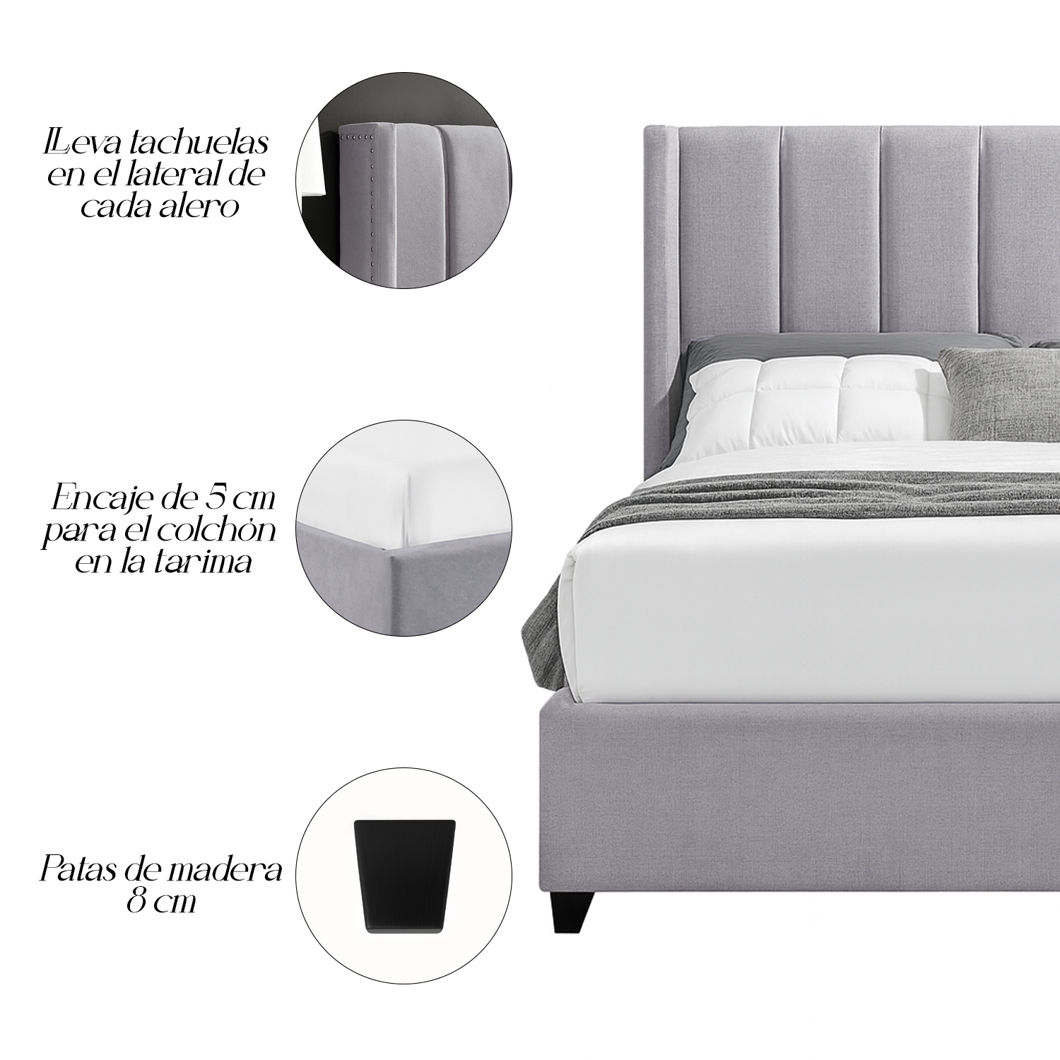 CAMA LEMUEBLE TAPIZADA LISTÓN NIA GRIS CLARO 1.5 PLZ - 4