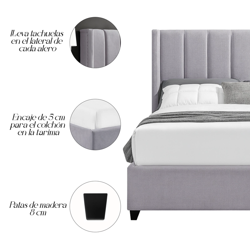 CAMA LEMUEBLE TAPIZADA LISTÓN NIA GRIS CLARO 2 PLAZAS - 4