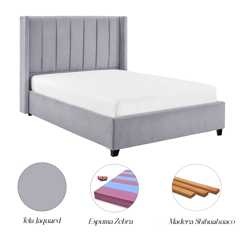 CAMA LEMUEBLE TAPIZADA LISTÓN NIA GRIS CLARO 2 PLAZAS - 5