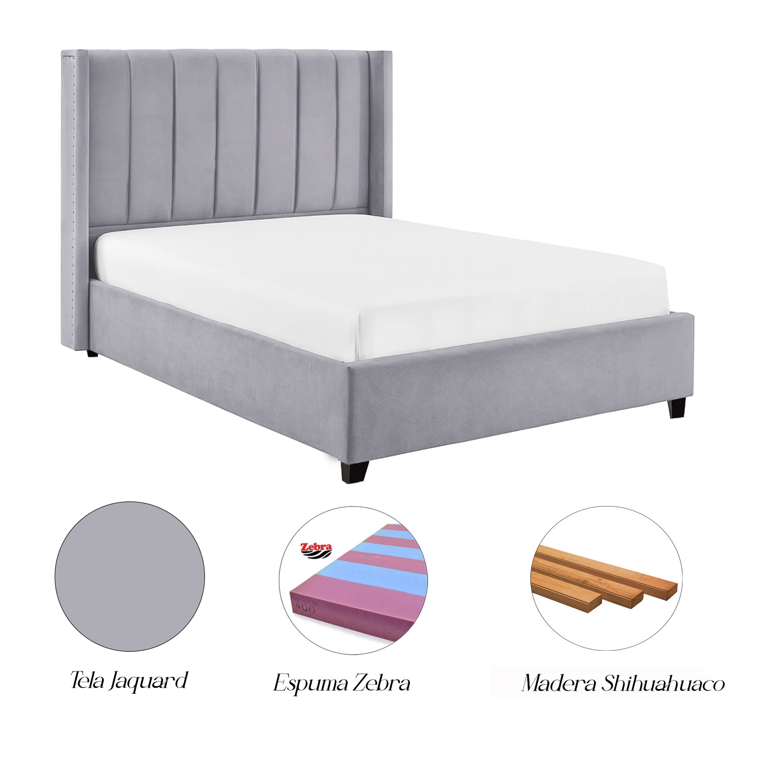 CAMA LEMUEBLE TAPIZADA LISTÓN NIA GRIS CLARO QUEEN - 5