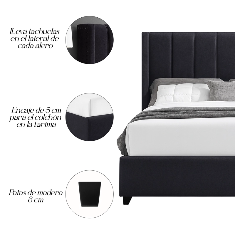 CAMA LEMUEBLE TAPIZADA LISTÓN NIA GRIS OSCURO 1.5 PLZ - 4