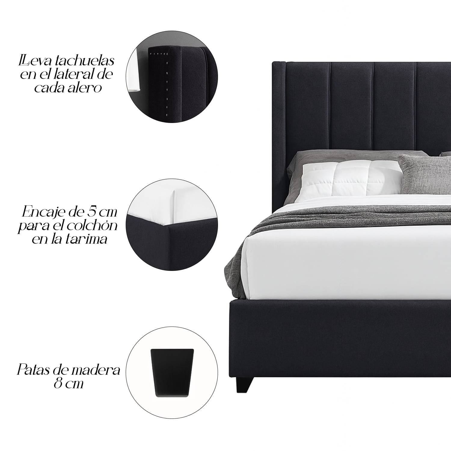 CAMA LEMUEBLE TAPIZADA LISTÓN NIA GRIS OSCURO 1.5 PLZ - 4