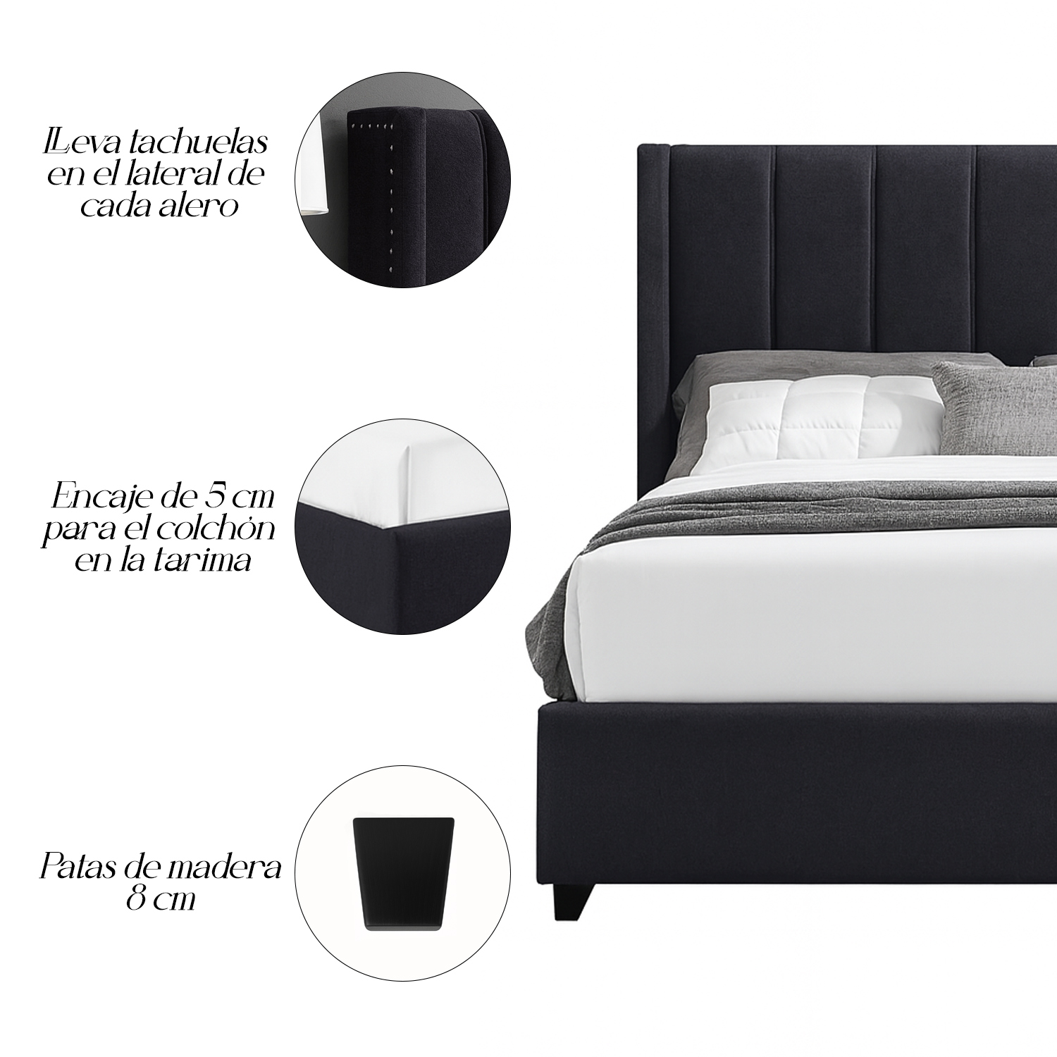 CAMA LEMUEBLE TAPIZADA LISTÓN NIA GRIS OSCURO QUEEN - 4