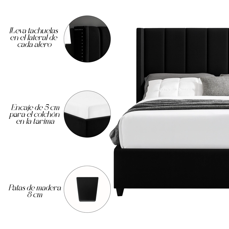 CAMA LEMUEBLE TAPIZADA LISTÓN NIA NEGRO 1.5 PLZ - 4