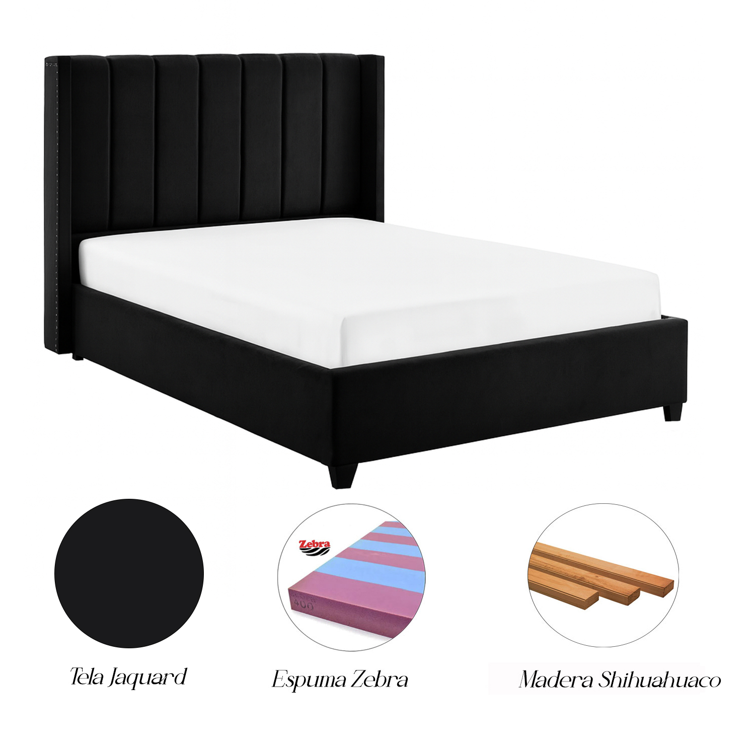 CAMA LEMUEBLE TAPIZADA LISTÓN NIA NEGRO 1.5 PLZ - 5