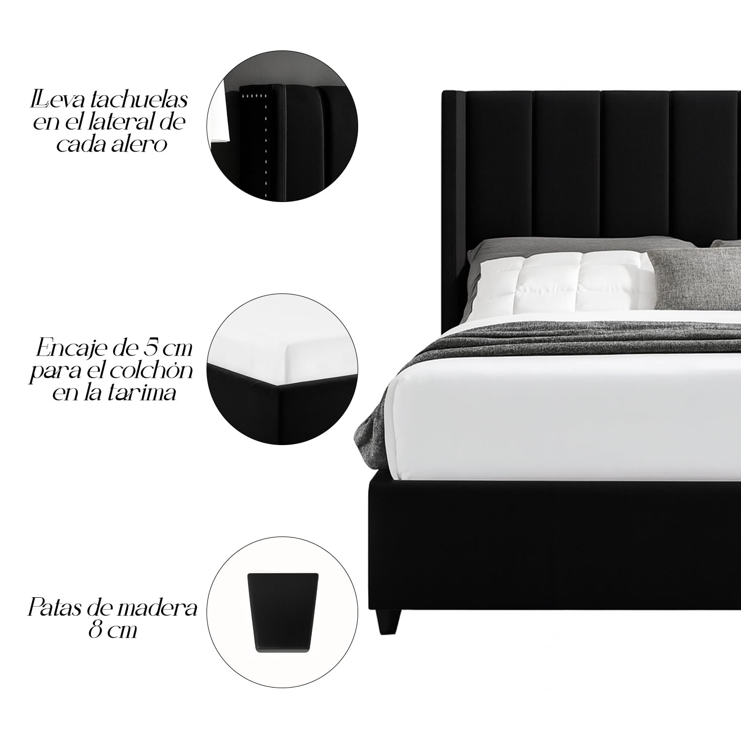 CAMA LEMUEBLE TAPIZADA LISTÓN NIA NEGRO 2 PLAZAS - 4