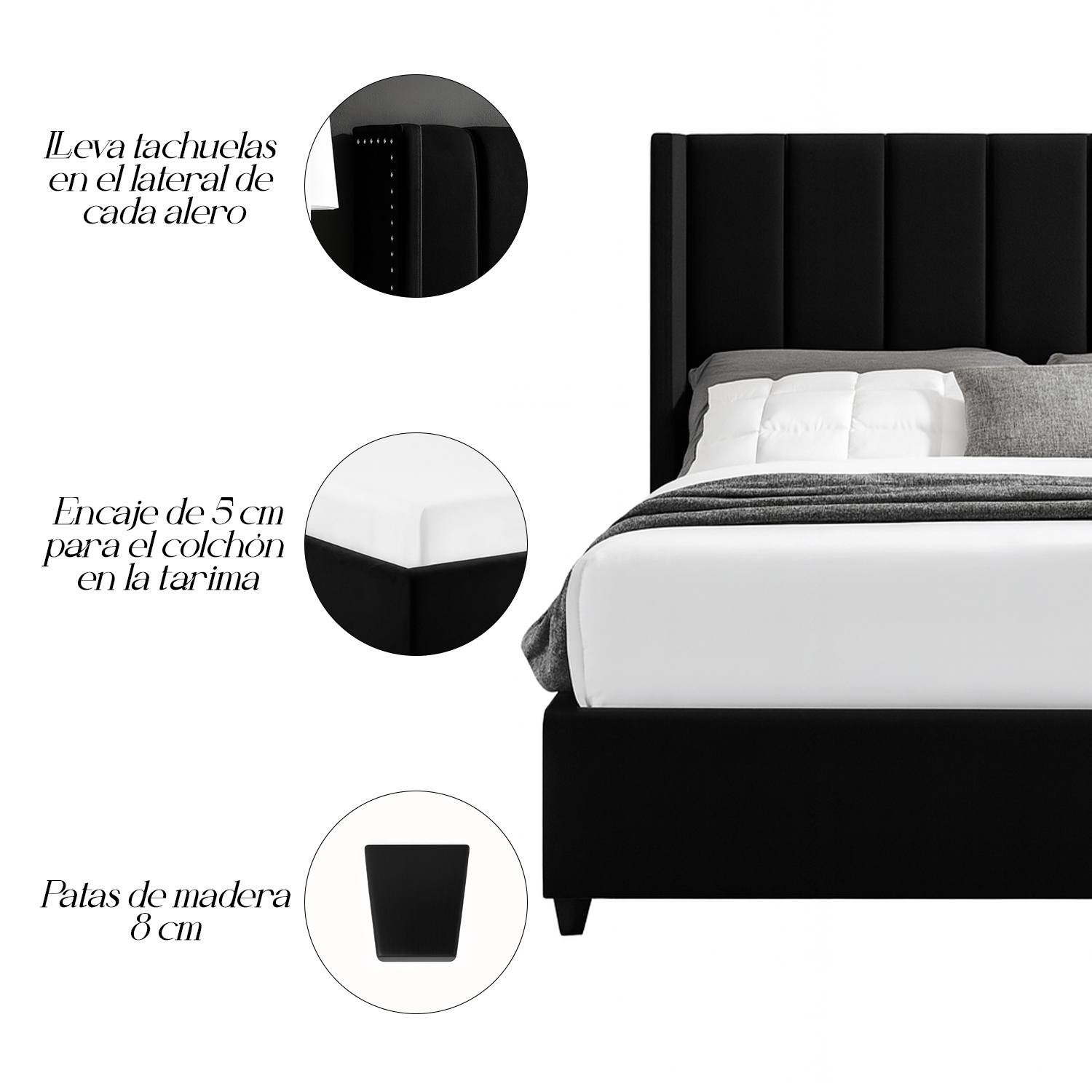 CAMA LEMUEBLE TAPIZADA LISTÓN NIA NEGRO QUEEN - 4