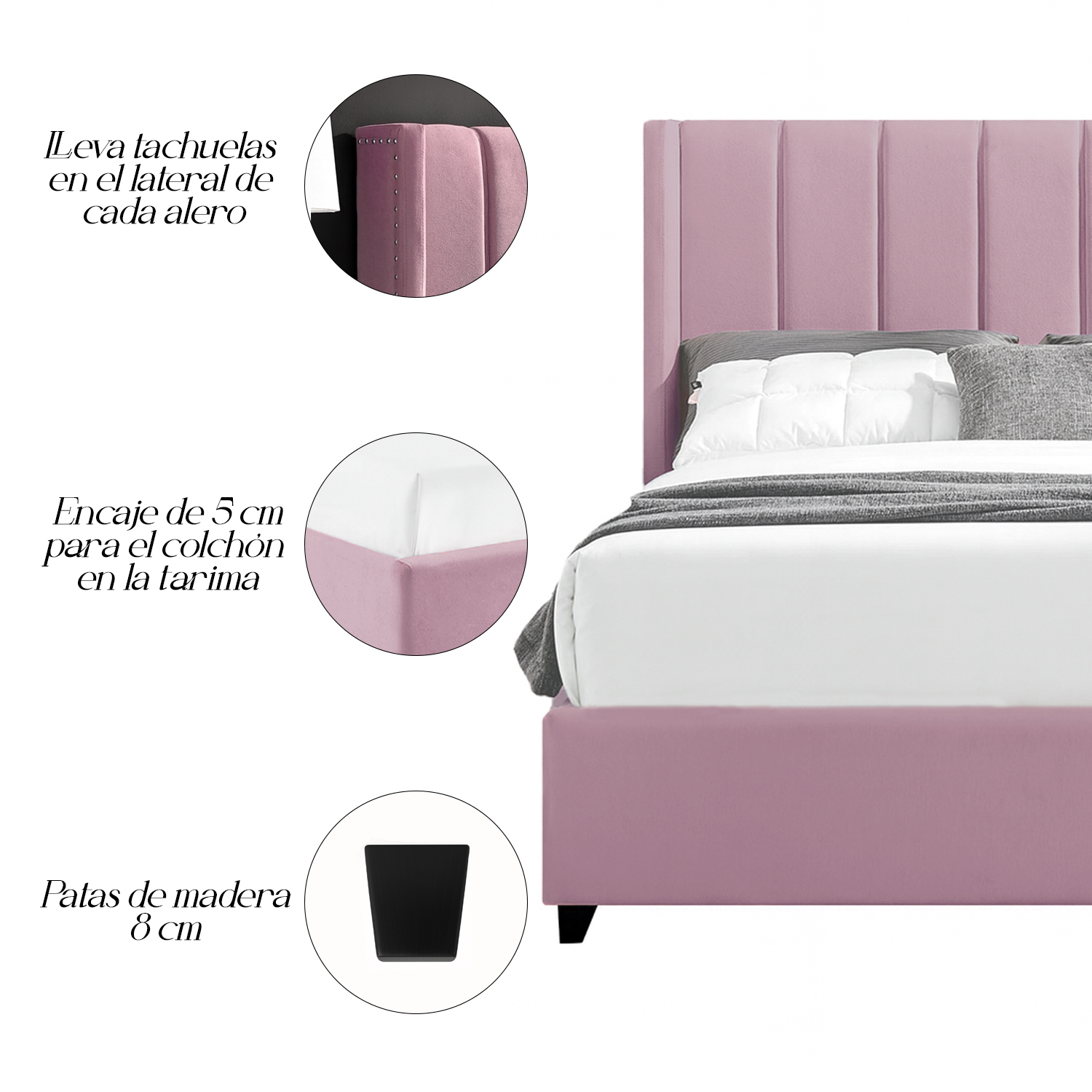 CAMA LEMUEBLE TAPIZADA LISTÓN NIA PALO ROSA 1.5 PLZ - 4