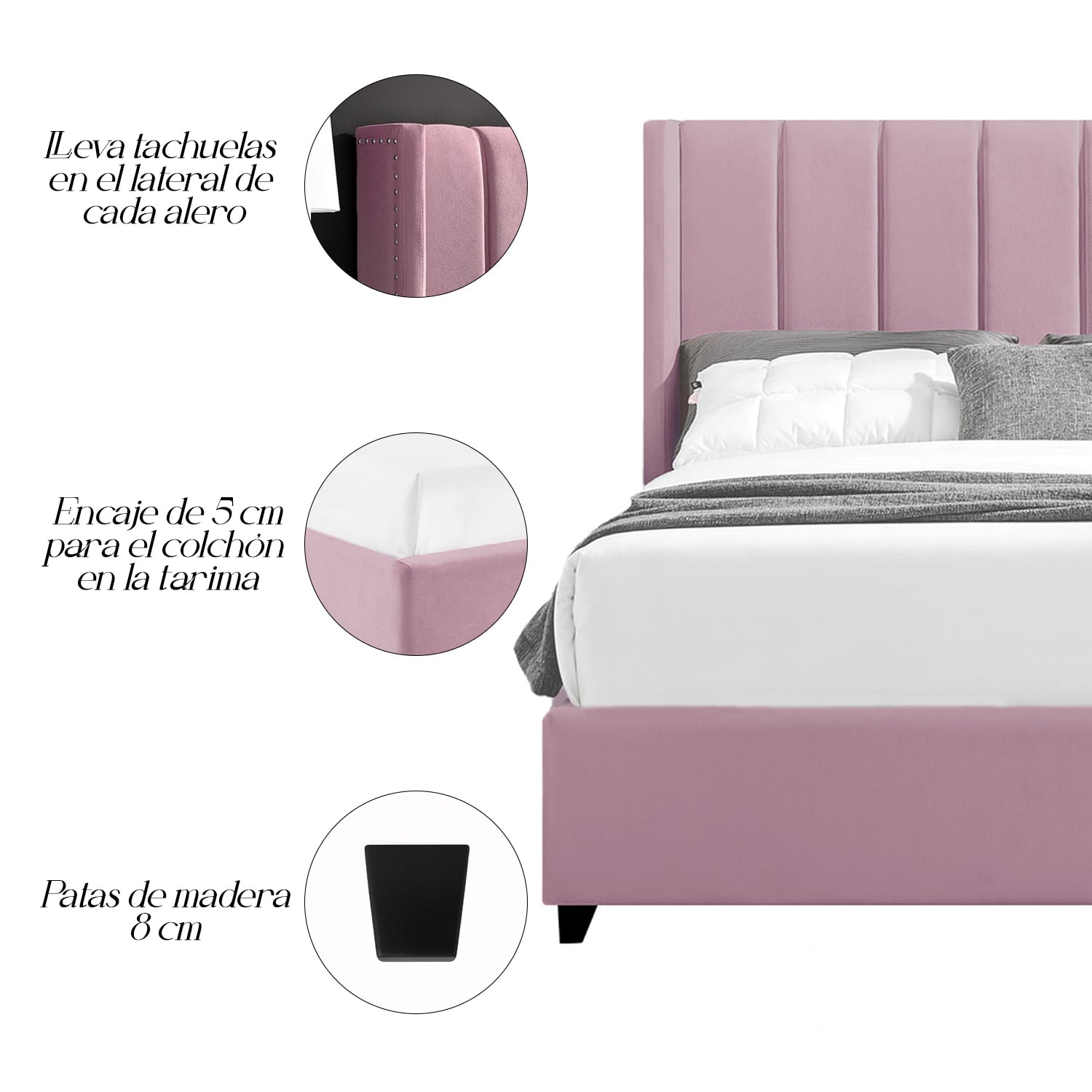 CAMA LEMUEBLE TAPIZADA LISTÓN NIA PALO ROSA QUEEN - 4