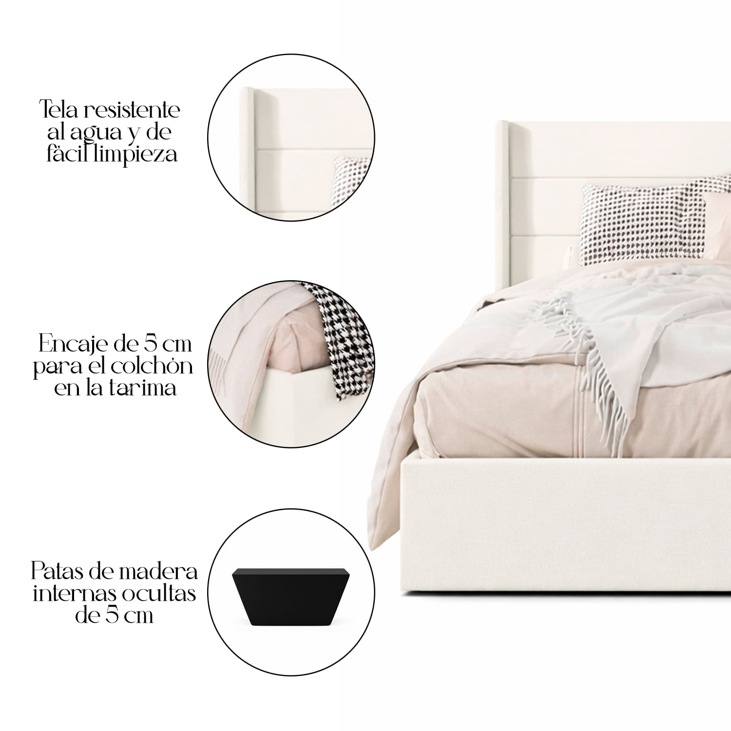 CAMA LEMUEBLE TAPIZADA LISTÓN VENUS IVORY 1.5 PLZ - 5