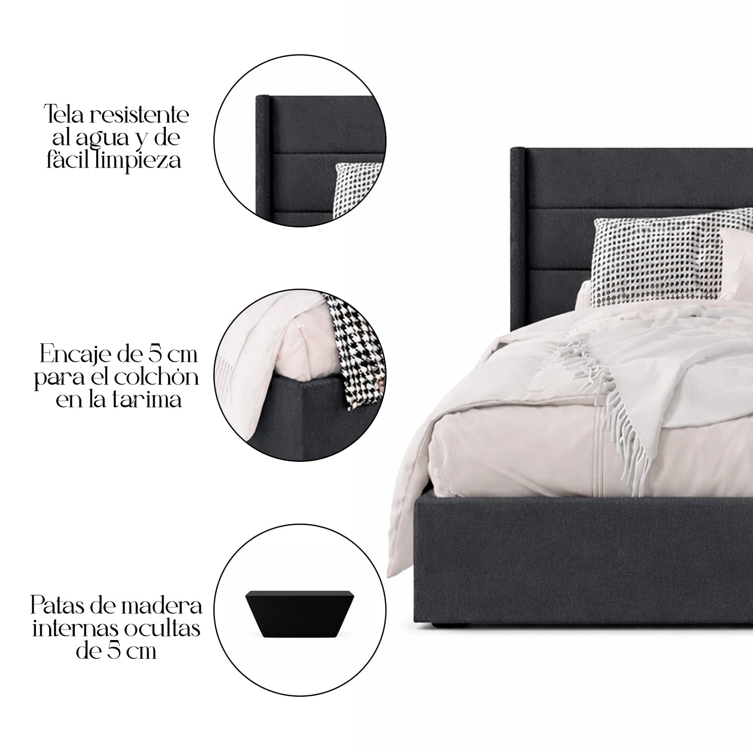 CAMA LEMUEBLE TAPIZADA LISTÓN VENUS PLOMO OSCURO 1.5 PLZ - 5