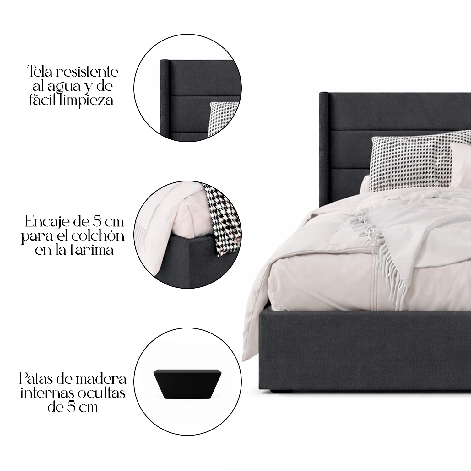 CAMA LEMUEBLE TAPIZADA LISTÓN VENUS PLOMO OSCURO 2 PLAZAS - 5