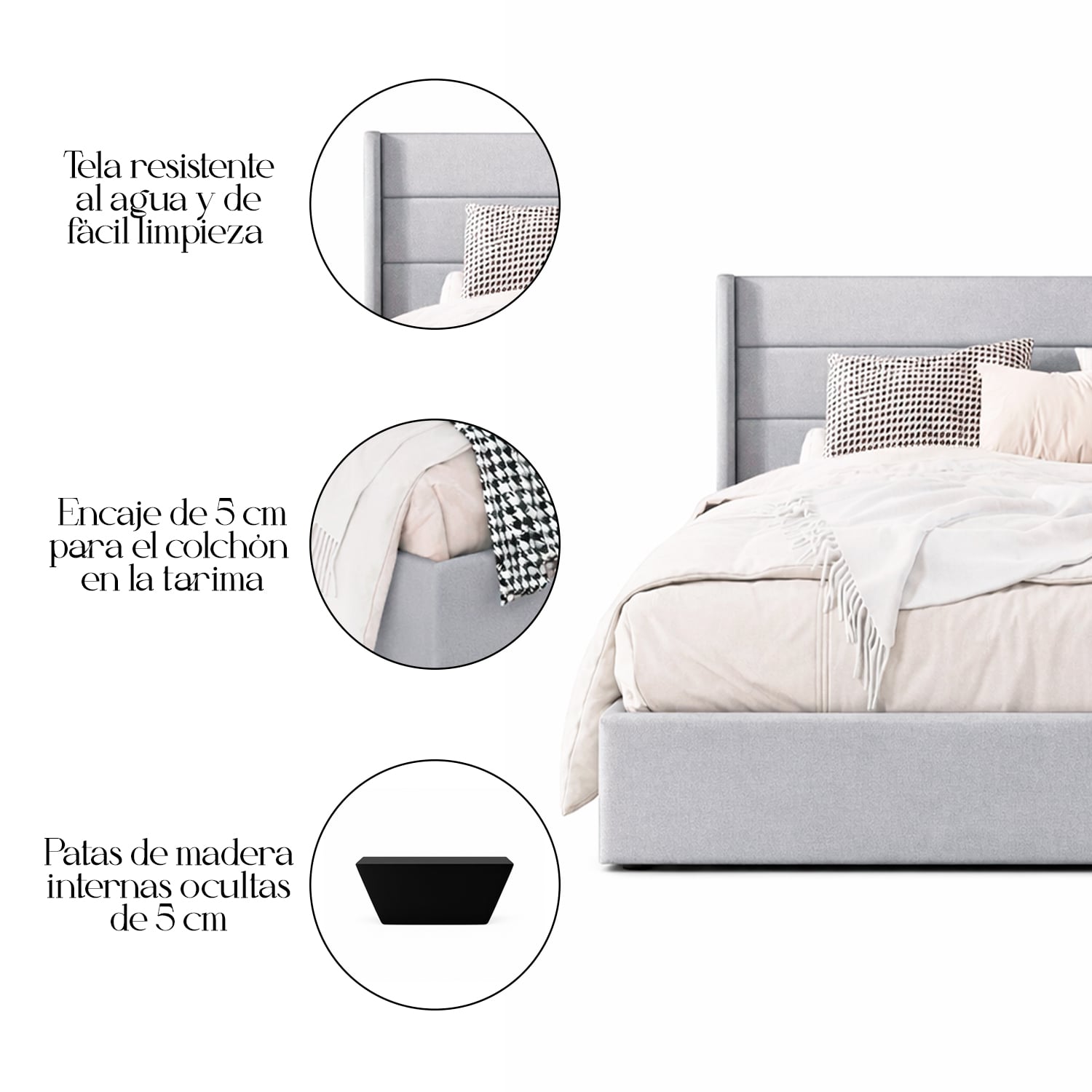 CAMA LEMUEBLE TAPIZADA LISTÓN VENUS PLOMO CLARO QUEEN - 5