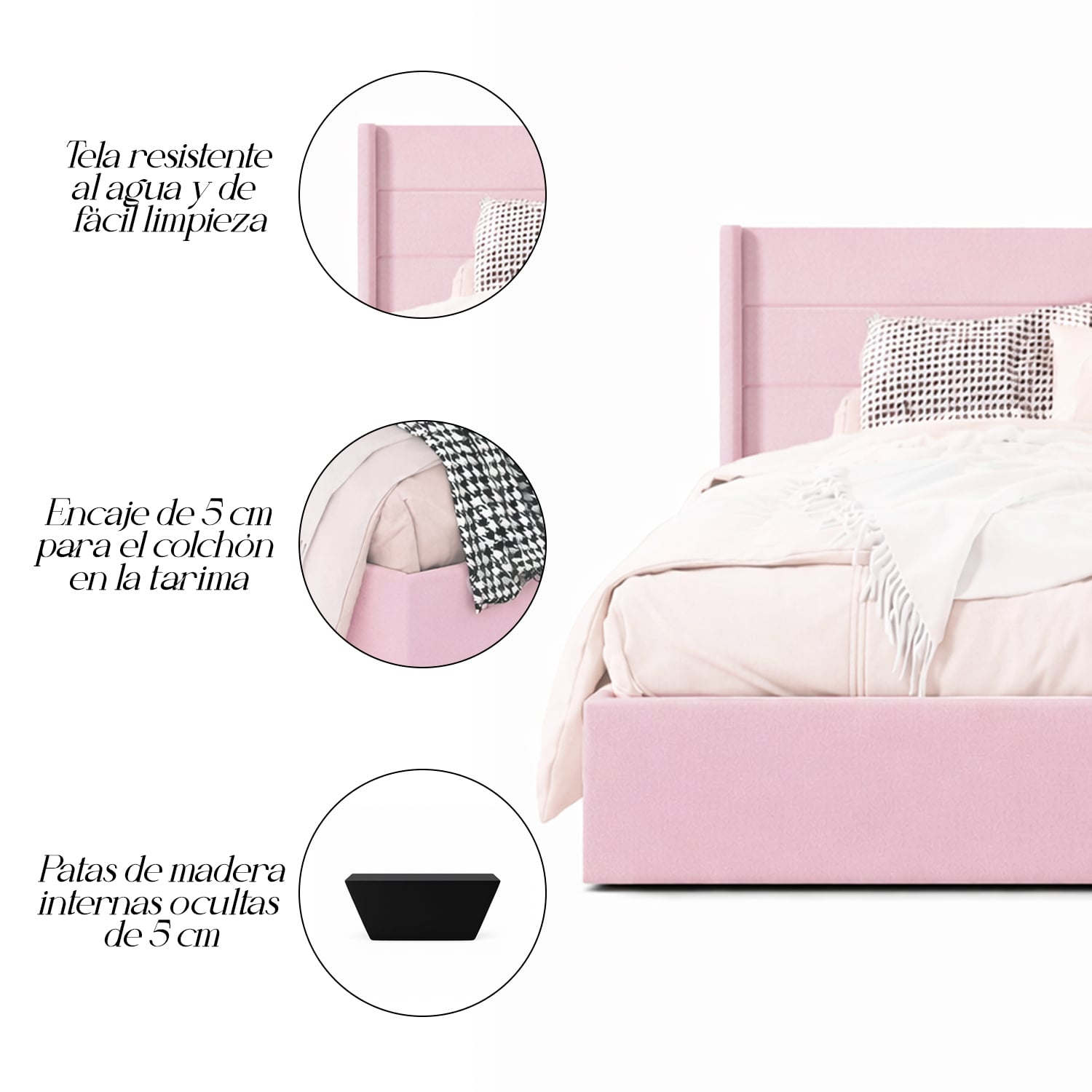 CAMA LEMUEBLE TAPIZADA LISTÓN VENUS ROSADO 1.5 PLZ - 5