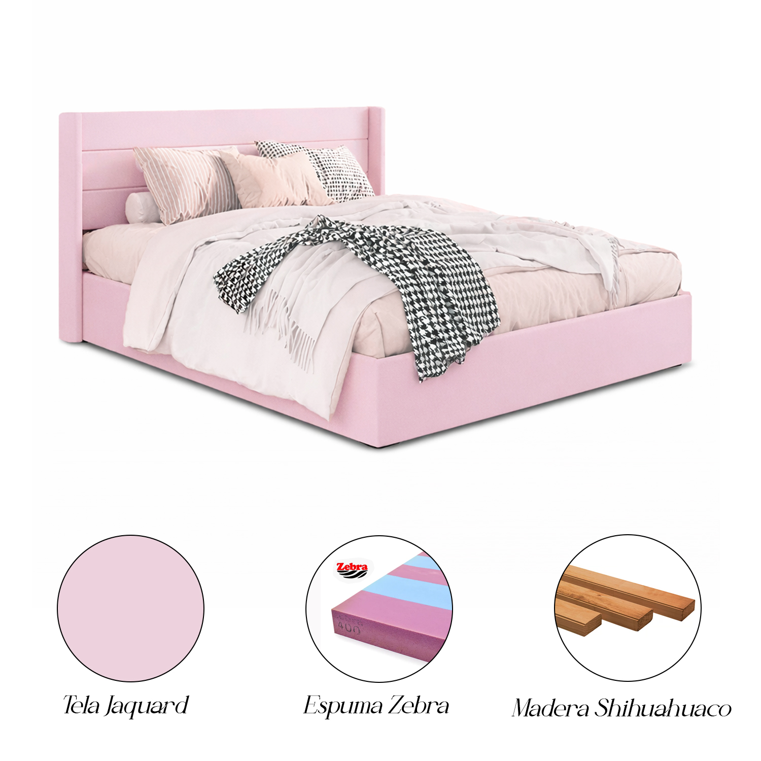 CAMA LEMUEBLE TAPIZADA LISTÓN VENUS ROSADO 2 PLAZAS - 4