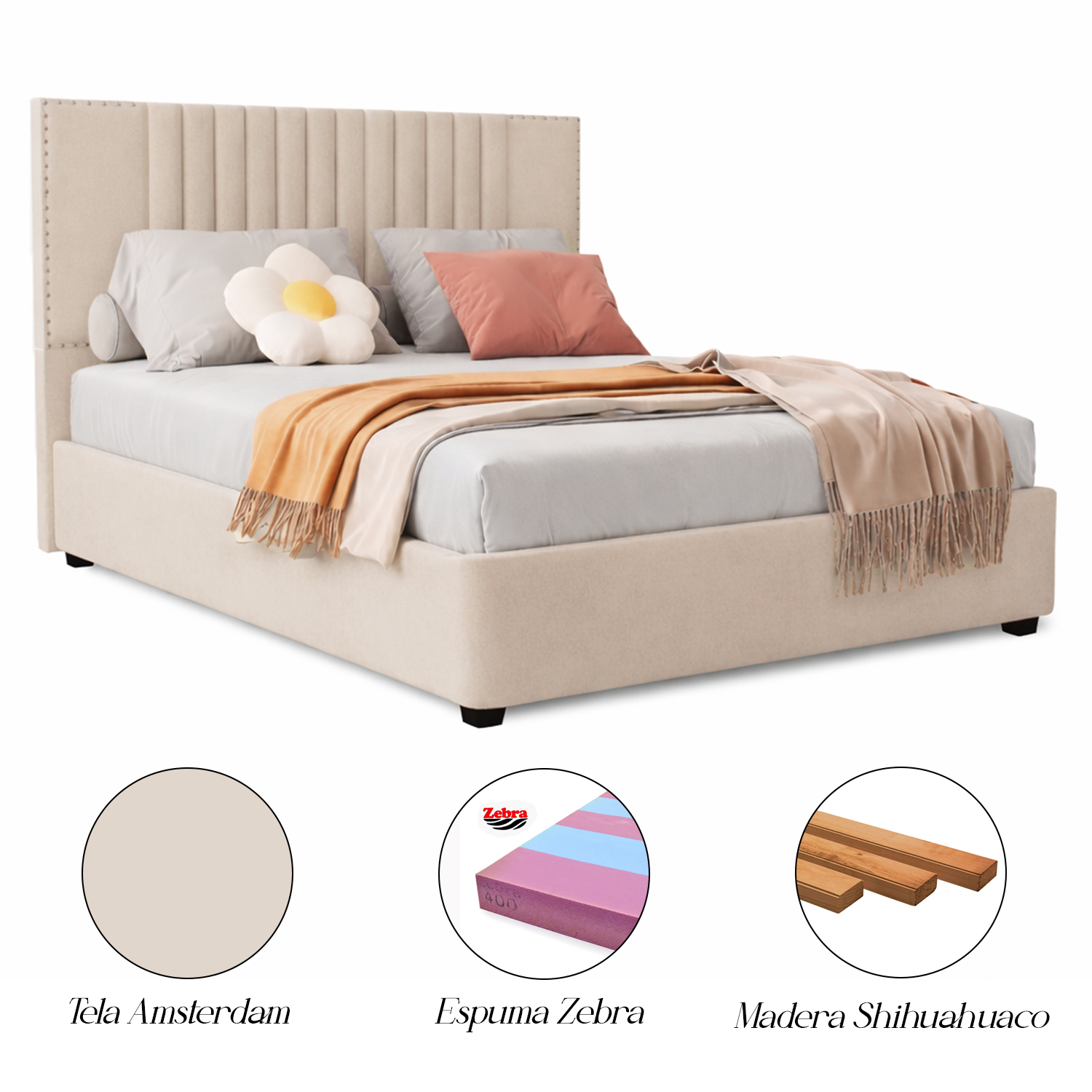 CAMA LEMUEBLE TAPIZADA LISTÓN IRIS BEIGE 2 PLAZAS - 4